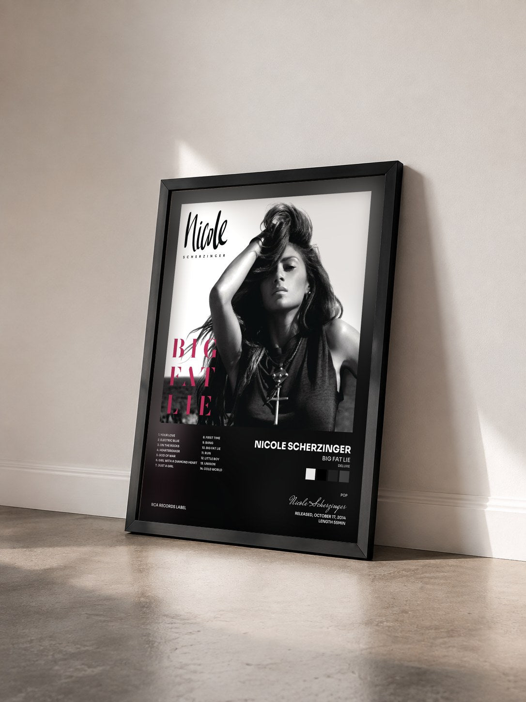#noir Big Fat Lie (Deluxe) by Nicole Scherzinger as a framed art print seen at an angle, black frame