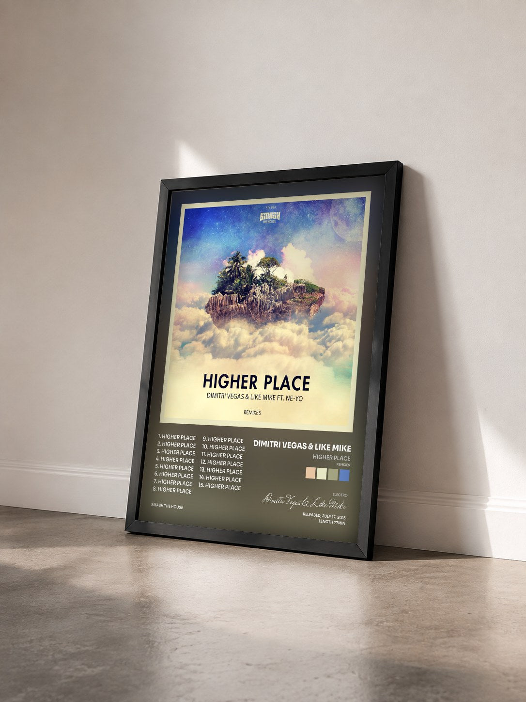 #noir Tableau de l'album Higher Place (Remixes) de Dimitri Vegas & Like Mike vu de trois quarts, cadre noir