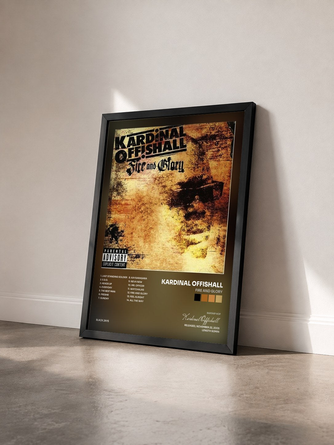 #noir Tableau de l'album Fire And Glory de Kardinal Offishall vu de trois quarts, cadre noir