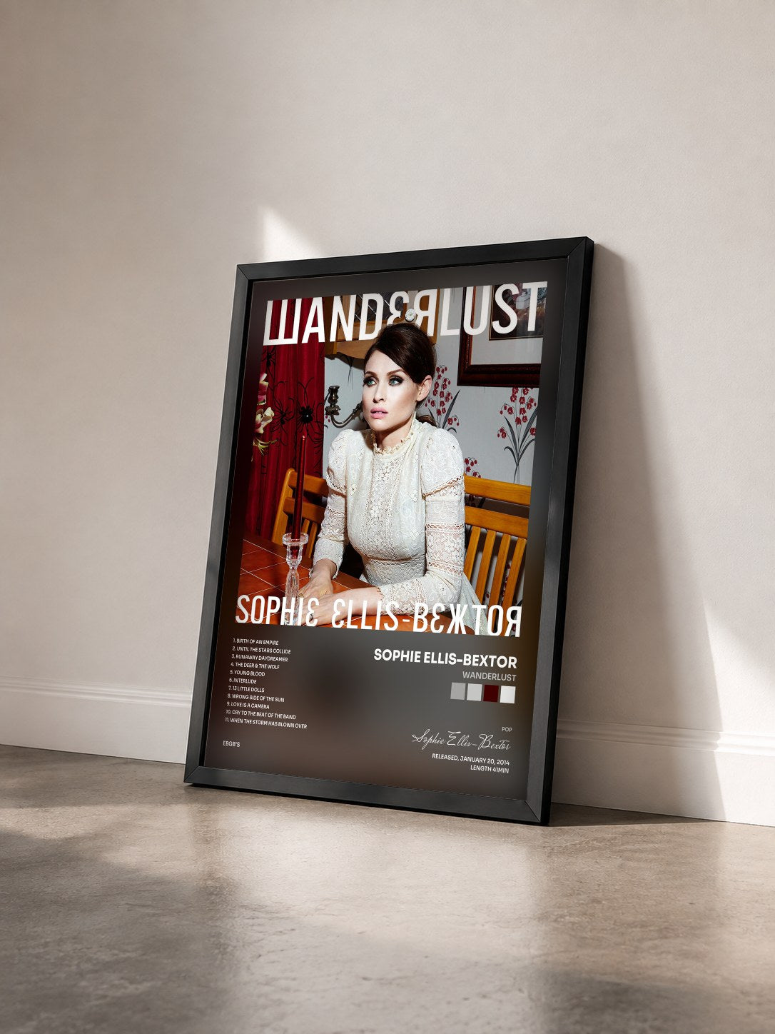 #noir Tableau de l'album Wanderlust de Sophie Ellis-Bextor vu de trois quarts, cadre noir