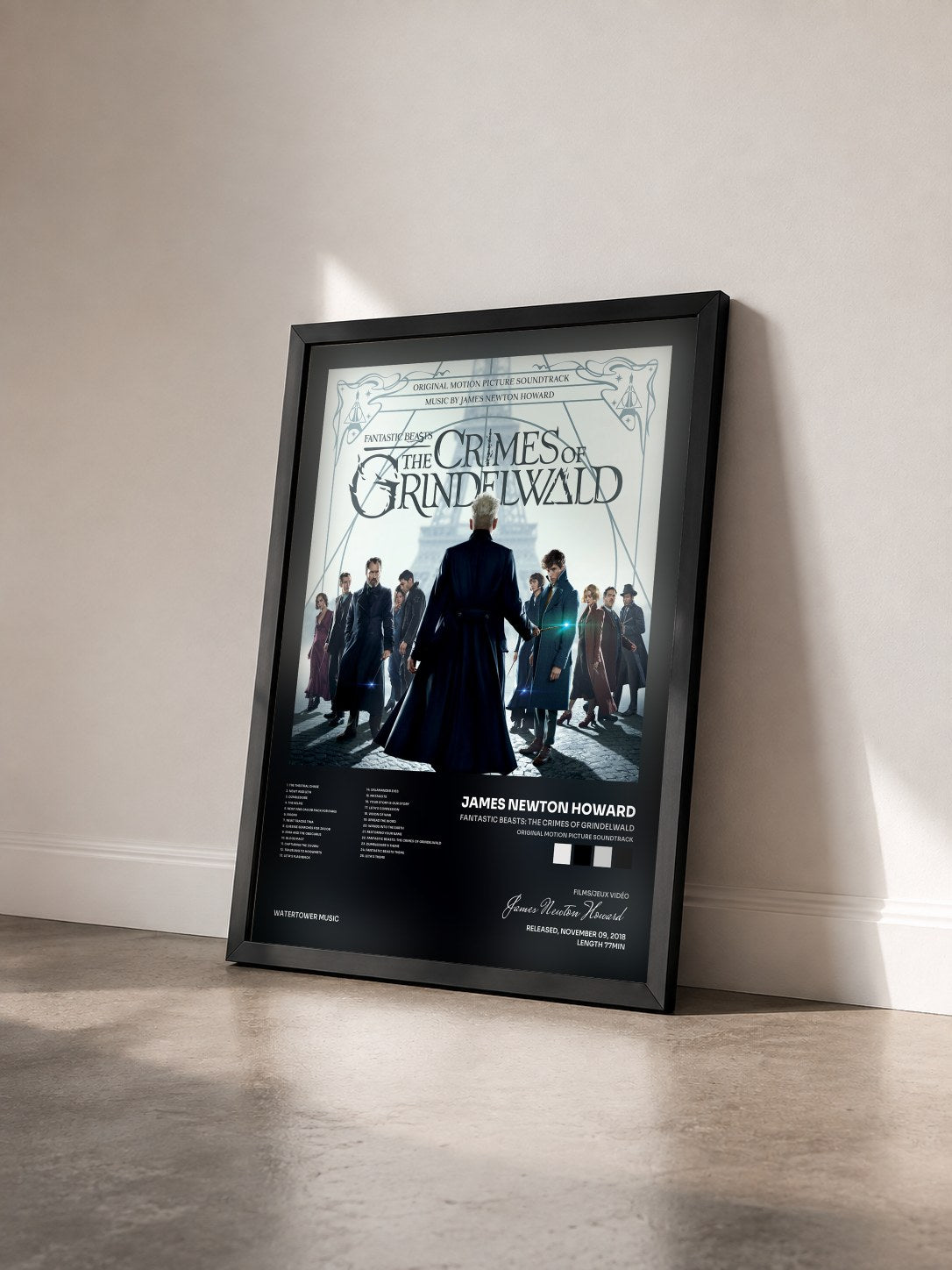 #noir Fantastic Beasts: The Crimes Of Grindelwald (Original Motion Picture Soundtrack) by James Newton Howard as a framed art print seen at an angle, black frame