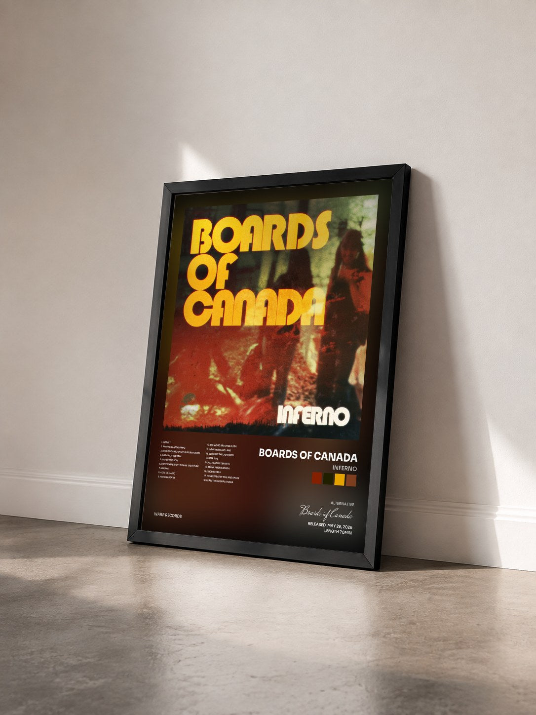 #noir Inferno by Boards of Canada as a framed art print seen at an angle, black frame