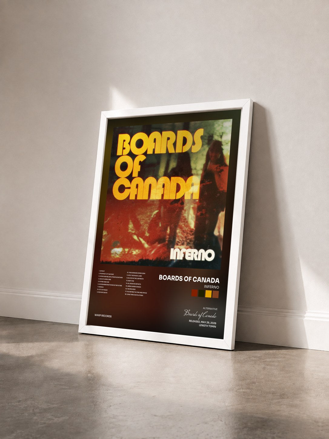 #blanc Inferno by Boards of Canada as a framed art print seen at an angle, white frame