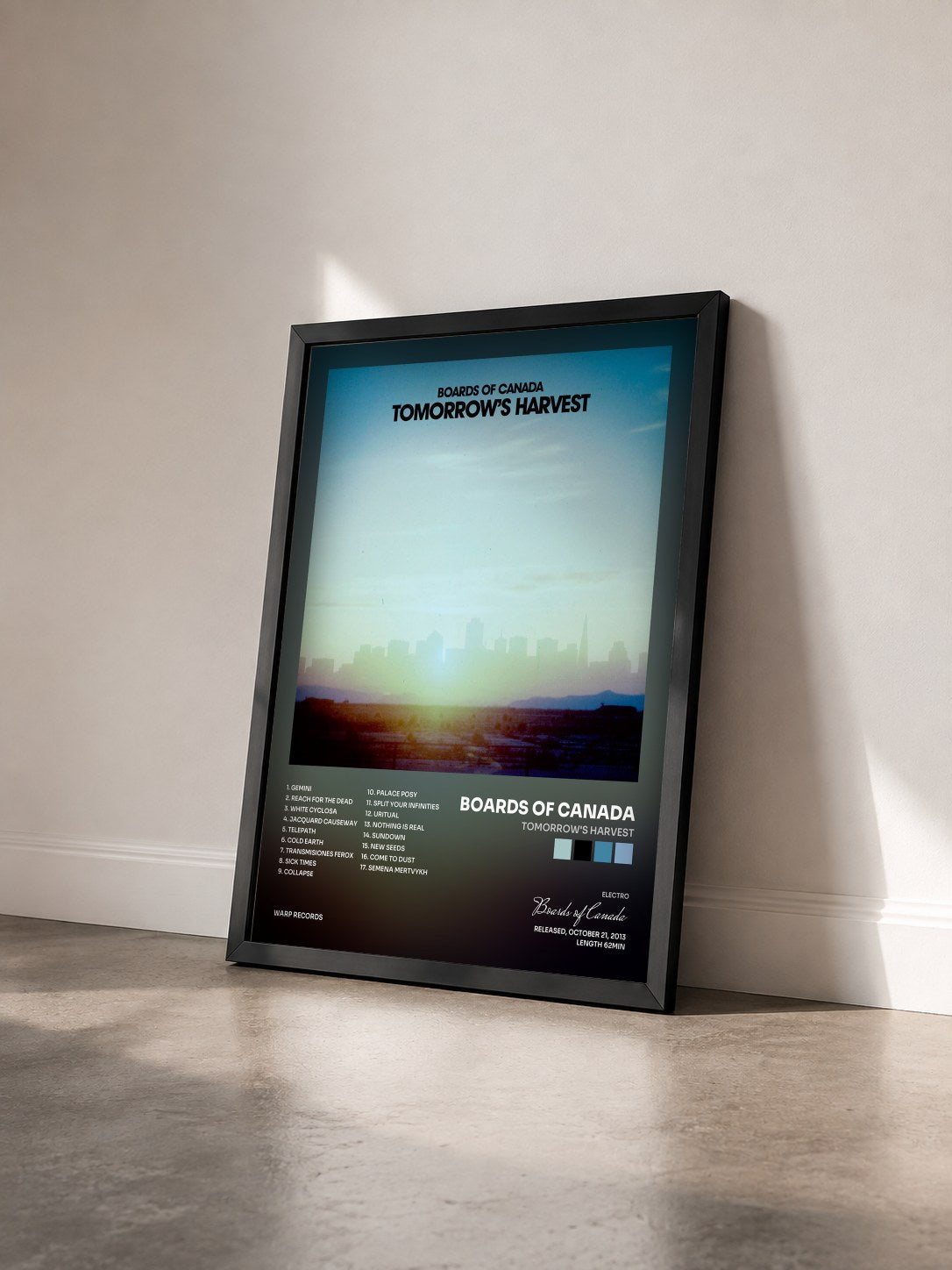 #noir Tomorrow's Harvest by Boards of Canada as a framed art print seen at an angle, black frame