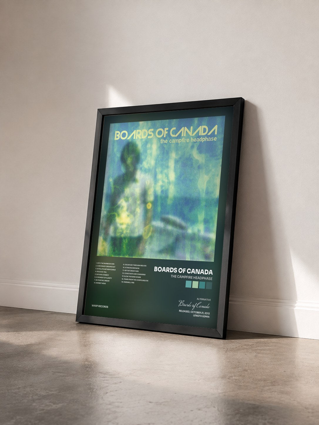#noir The Campfire Headphase by Boards of Canada as a framed art print seen at an angle, black frame