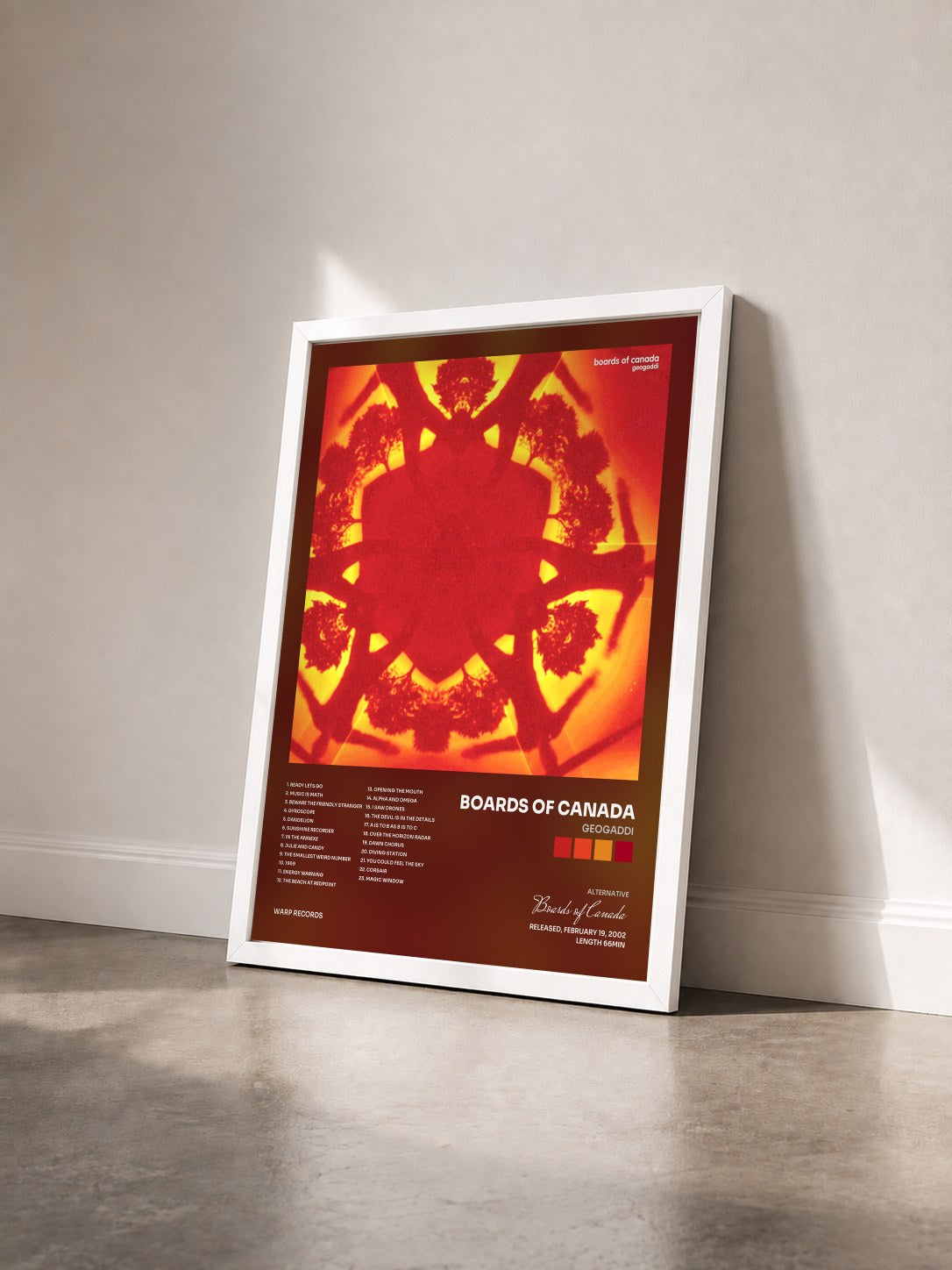 #blanc Geogaddi by Boards of Canada as a framed art print seen at an angle, white frame