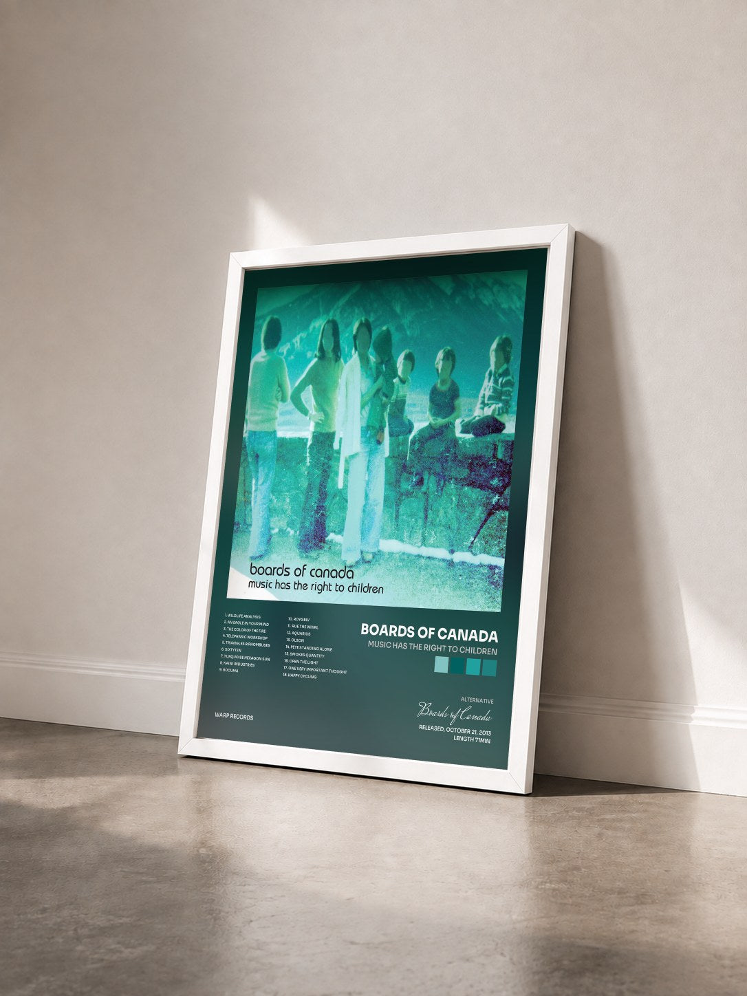 #blanc Music Has The Right To Children by Boards of Canada as a framed art print seen at an angle, white frame