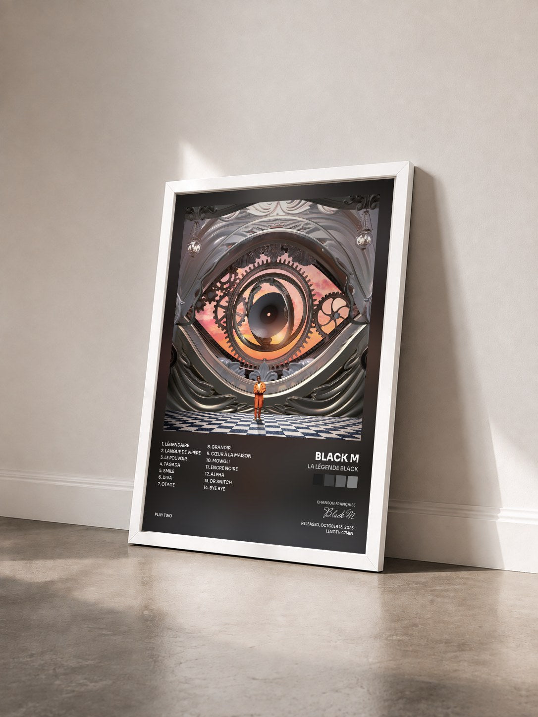 #blanc Tableau de l'album La Légende Black de Black M vu de trois quarts, cadre blanc