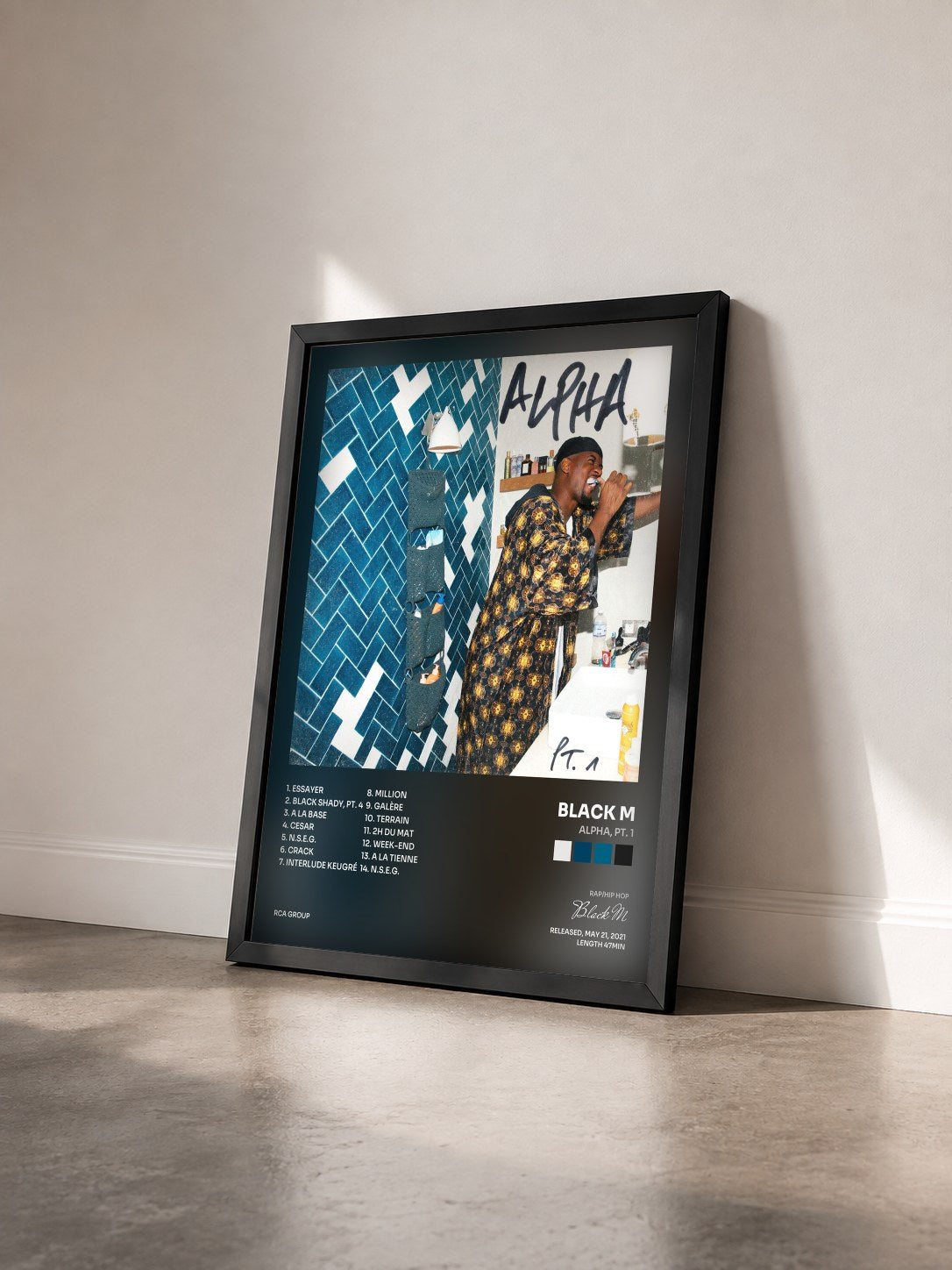 #noir Tableau de l'album Alpha, Pt. 1 de Black M vu de trois quarts, cadre noir