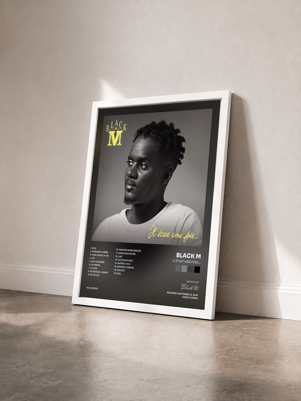 #blanc Tableau de l'album Il était une fois... de Black M vu de trois quarts, cadre blanc