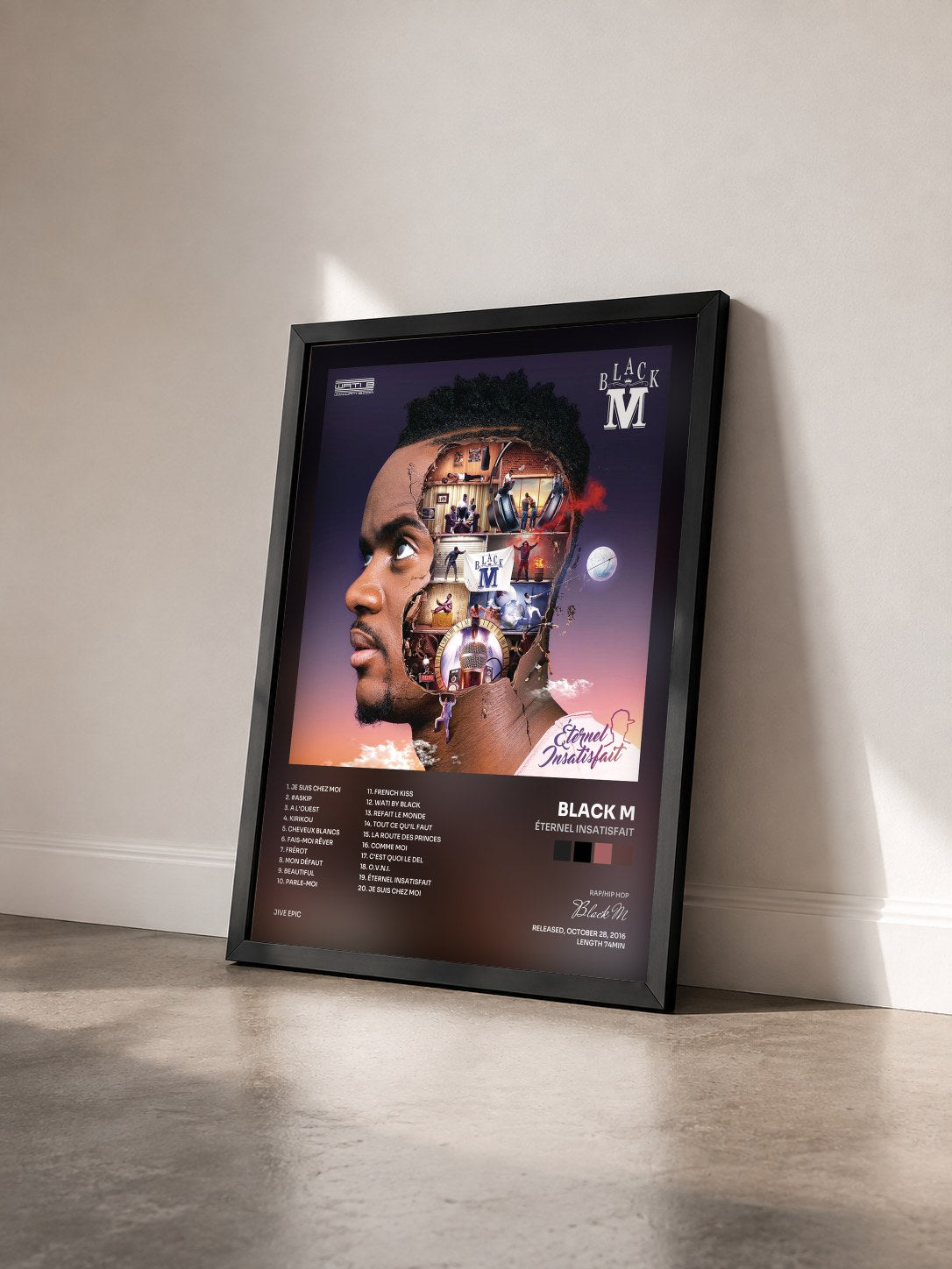#noir Tableau de l'album Éternel insatisfait de Black M vu de trois quarts, cadre noir