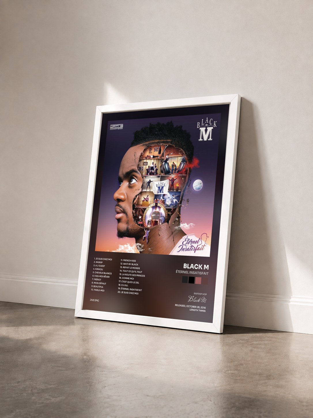 #blanc Tableau de l'album Éternel insatisfait de Black M vu de trois quarts, cadre blanc