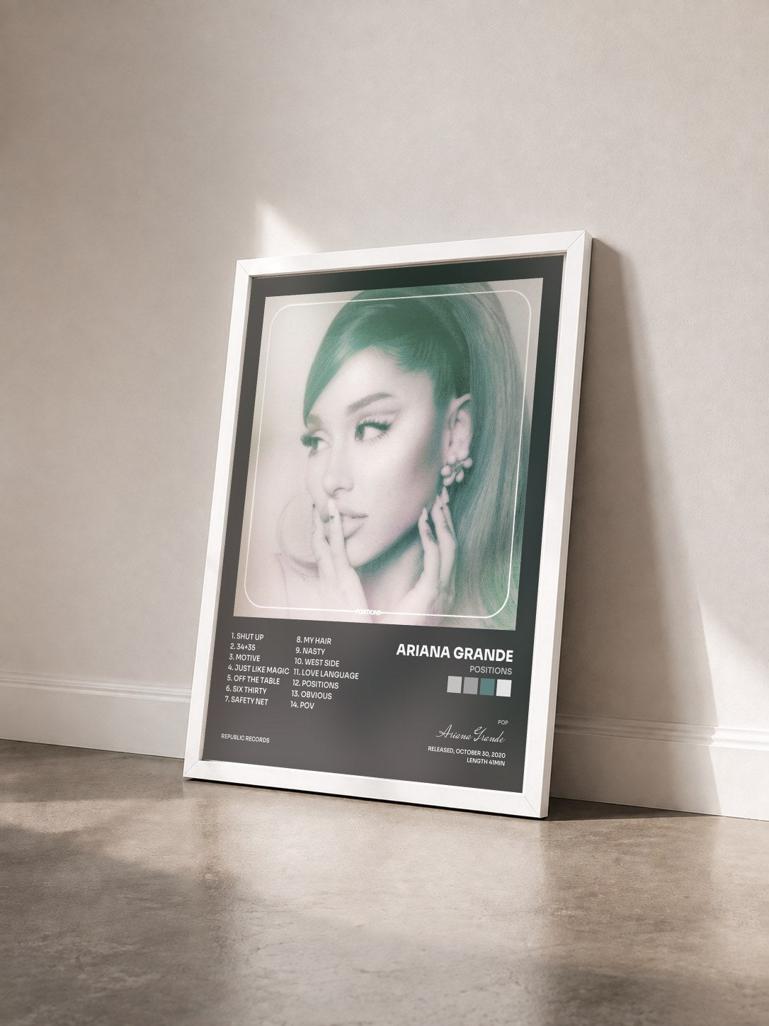 #blanc Positions by Ariana Grande as a framed art print seen at an angle, white frame