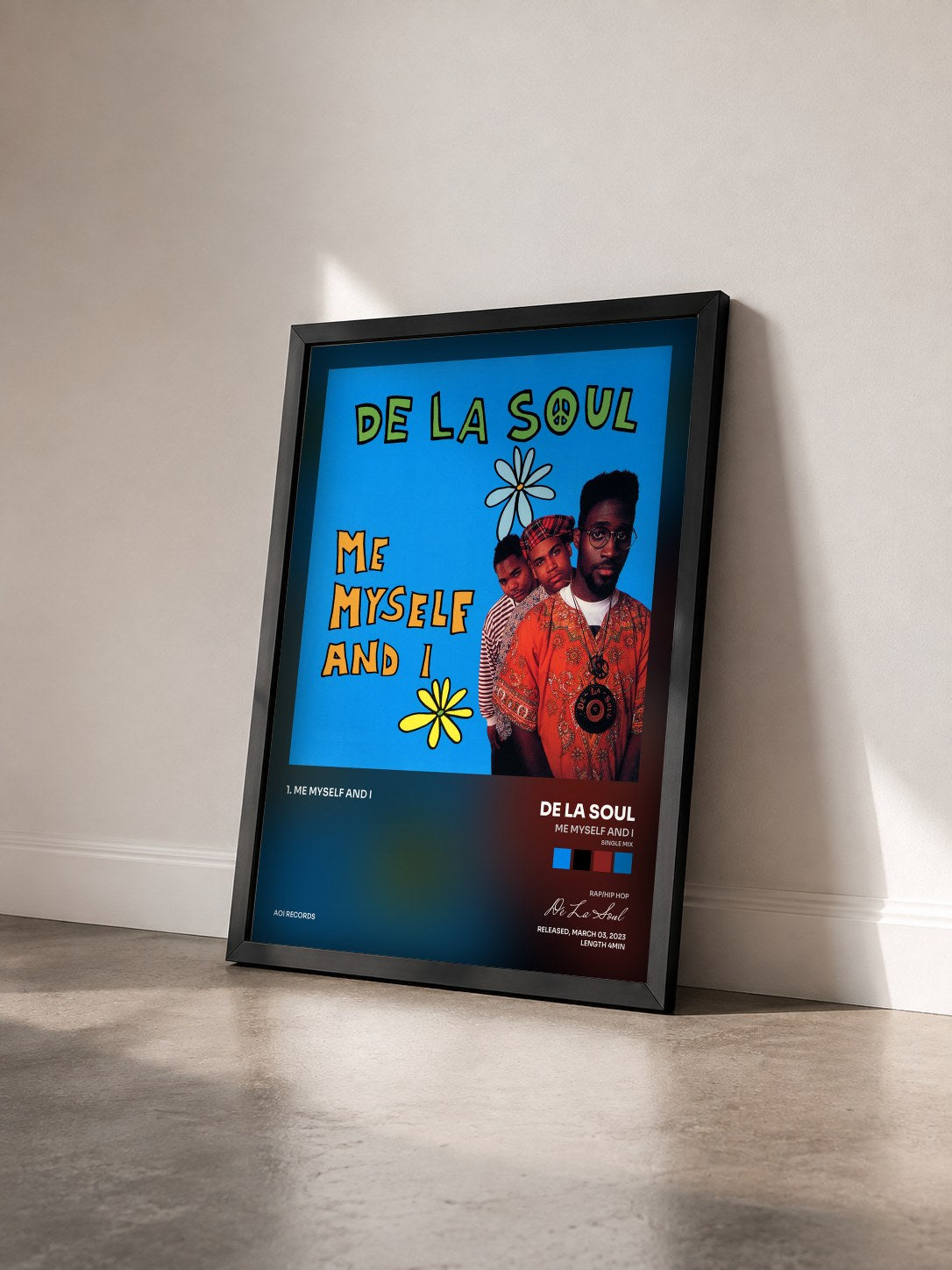 #noir Me Myself and I (Single Mix) by De La Soul as a framed art print seen at an angle, black frame