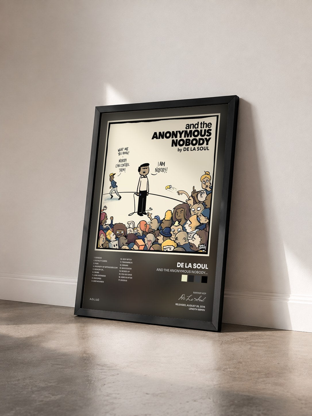 #noir and the Anonymous Nobody... by De La Soul as a framed art print seen at an angle, black frame