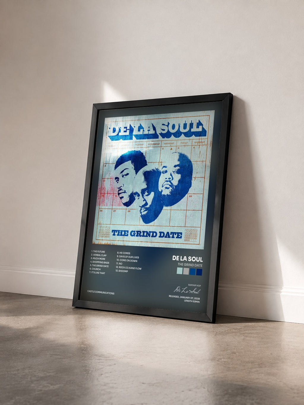#noir The Grind Date by De La Soul as a framed art print seen at an angle, black frame
