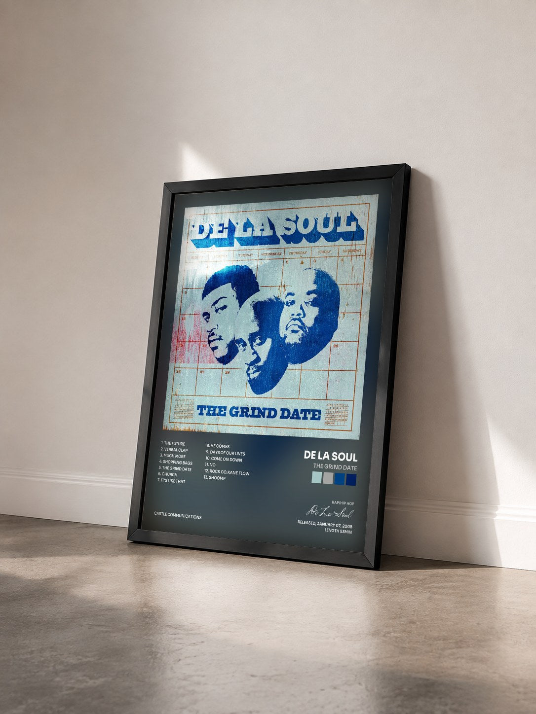 #noir The Grind Date by De La Soul as a framed art print seen at an angle, black frame