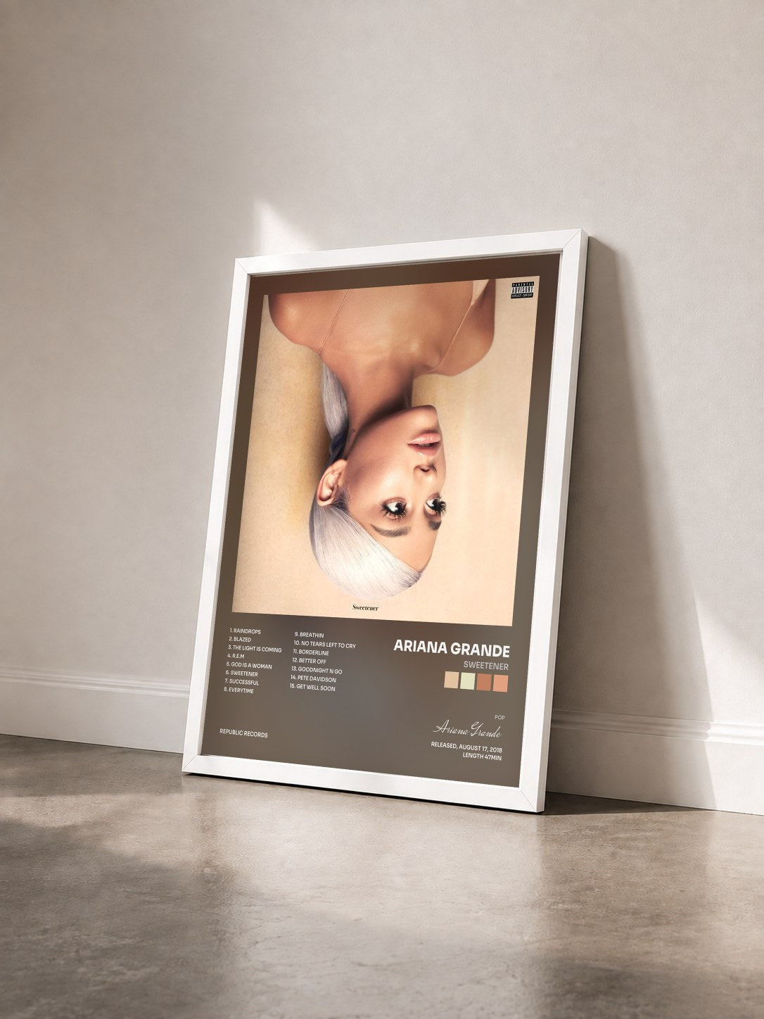 #blanc Sweetener by Ariana Grande as a framed art print seen at an angle, white frame