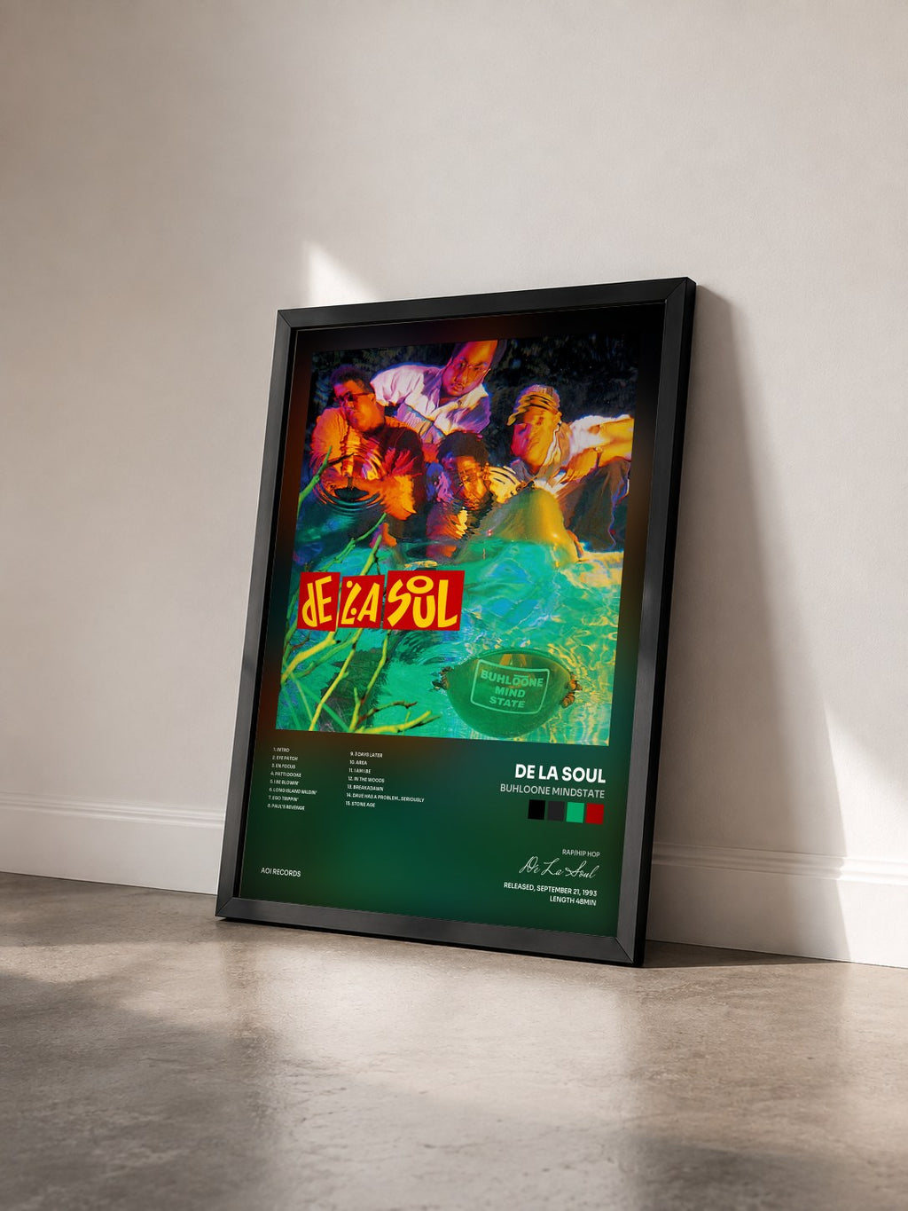 #noir Buhloone Mindstate by De La Soul as a framed art print seen at an angle, black frame