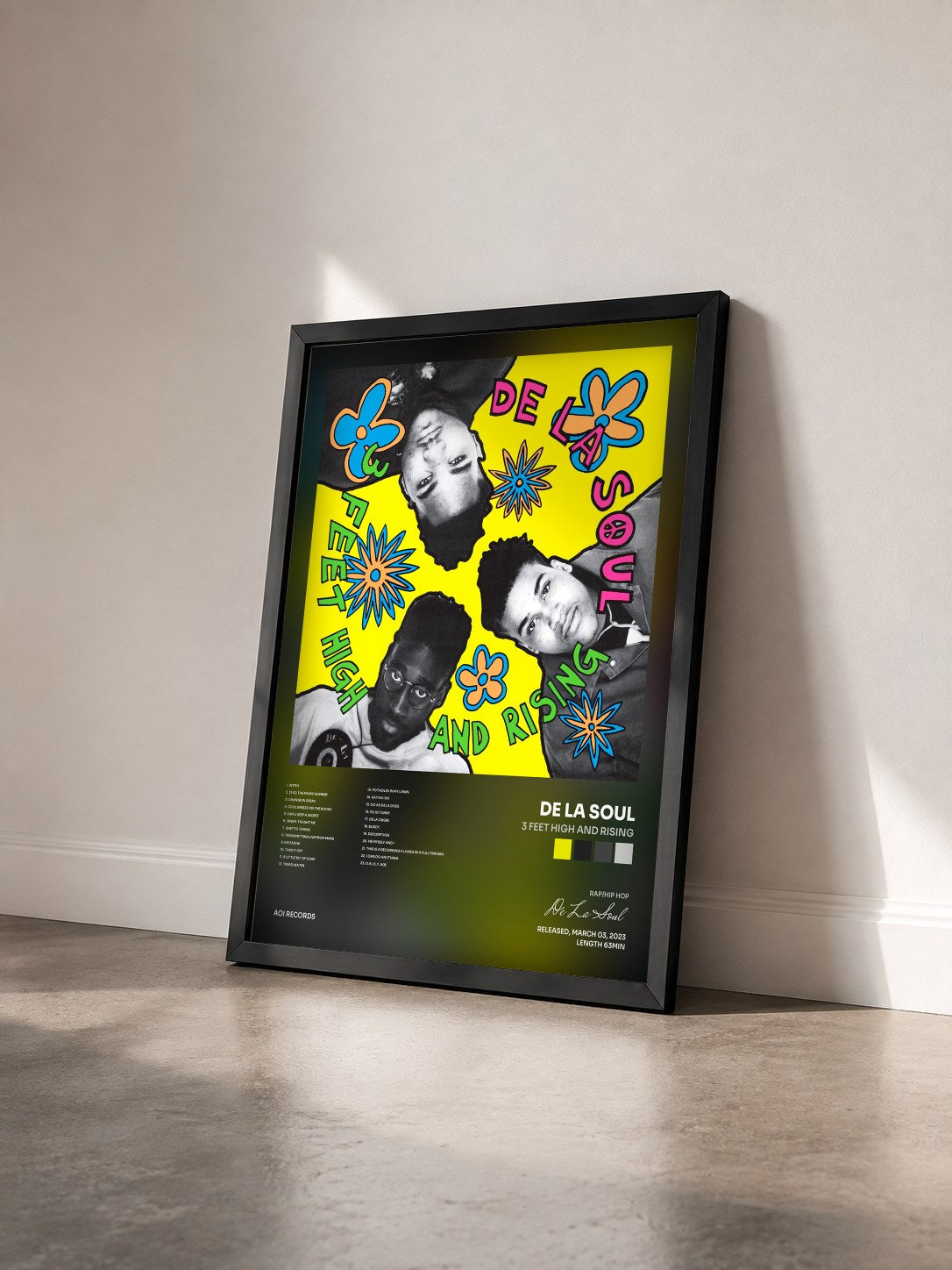 #noir 3 Feet High and Rising by De La Soul as a framed art print seen at an angle, black frame