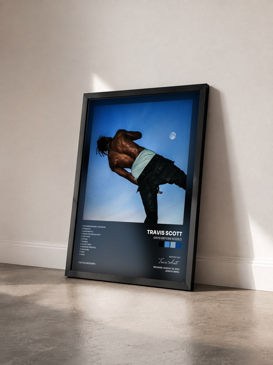 #noir Tableau de l'album DAYS BEFORE RODEO de Travis Scott vu de trois quarts, cadre noir