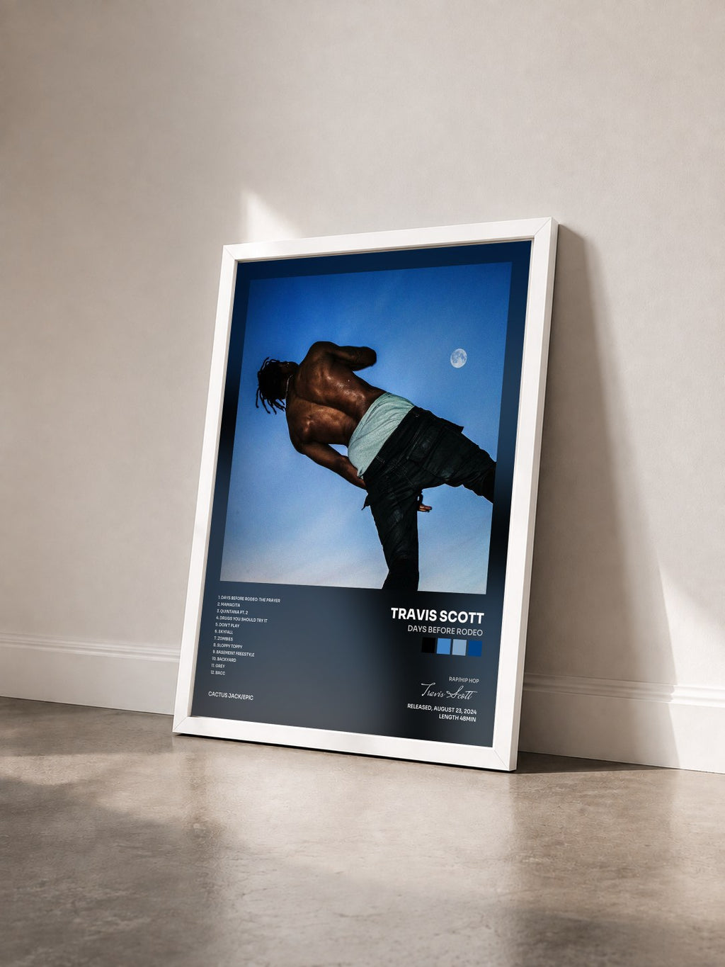 #blanc Tableau de l'album DAYS BEFORE RODEO de Travis Scott vu de trois quarts, cadre blanc