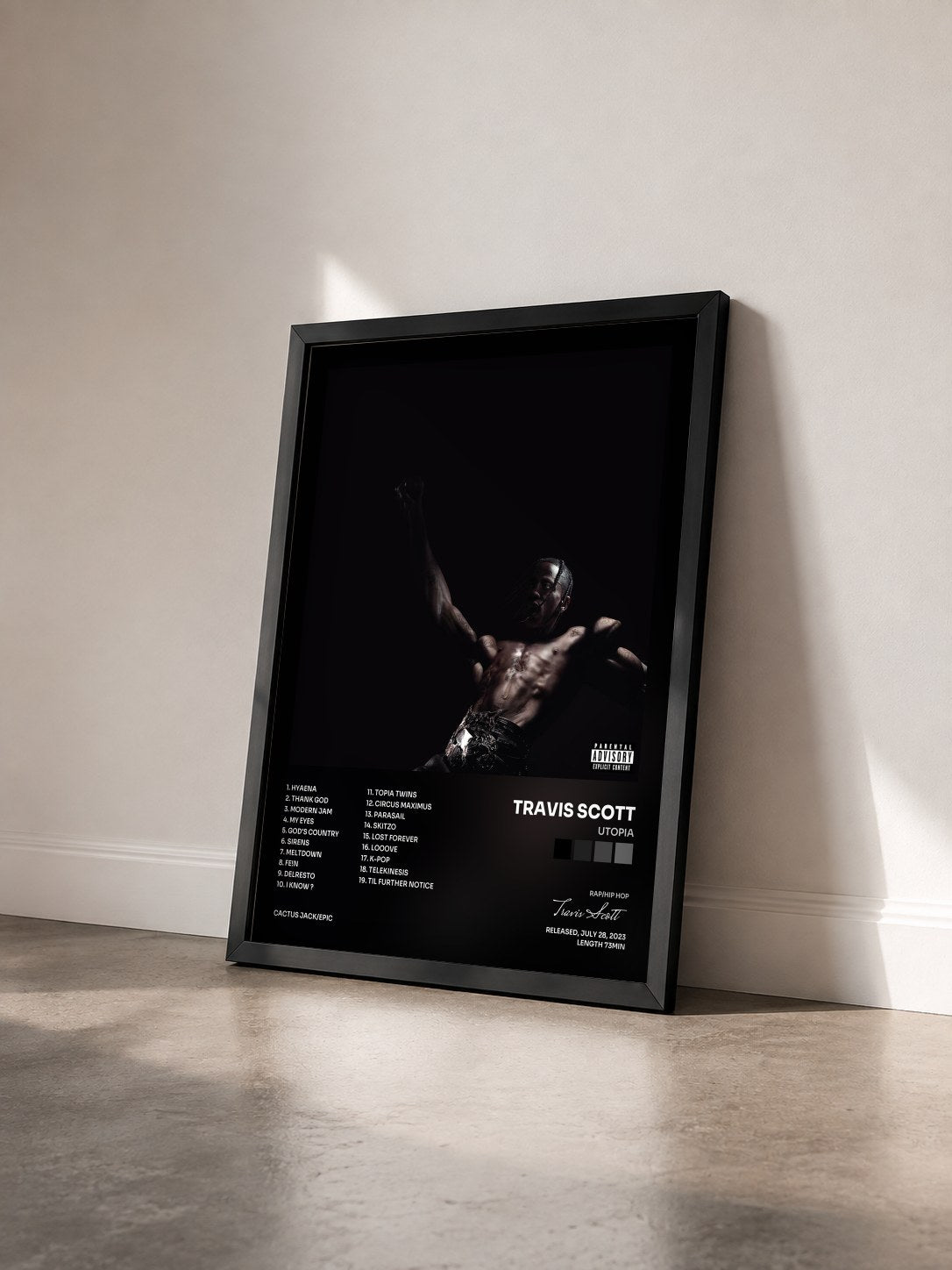 #noir Tableau de l'album UTOPIA de Travis Scott vu de trois quarts, cadre noir