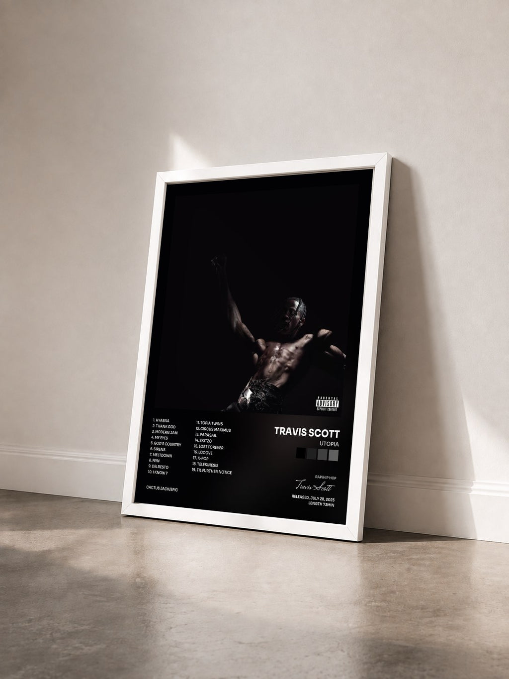 #blanc Tableau de l'album UTOPIA de Travis Scott vu de trois quarts, cadre blanc