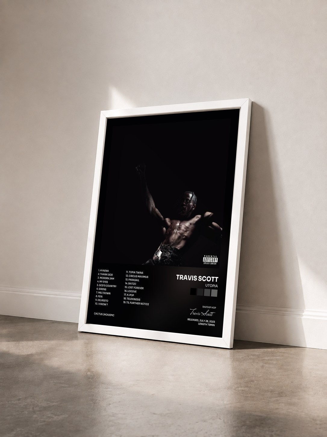 #blanc Tableau de l'album UTOPIA de Travis Scott vu de trois quarts, cadre blanc