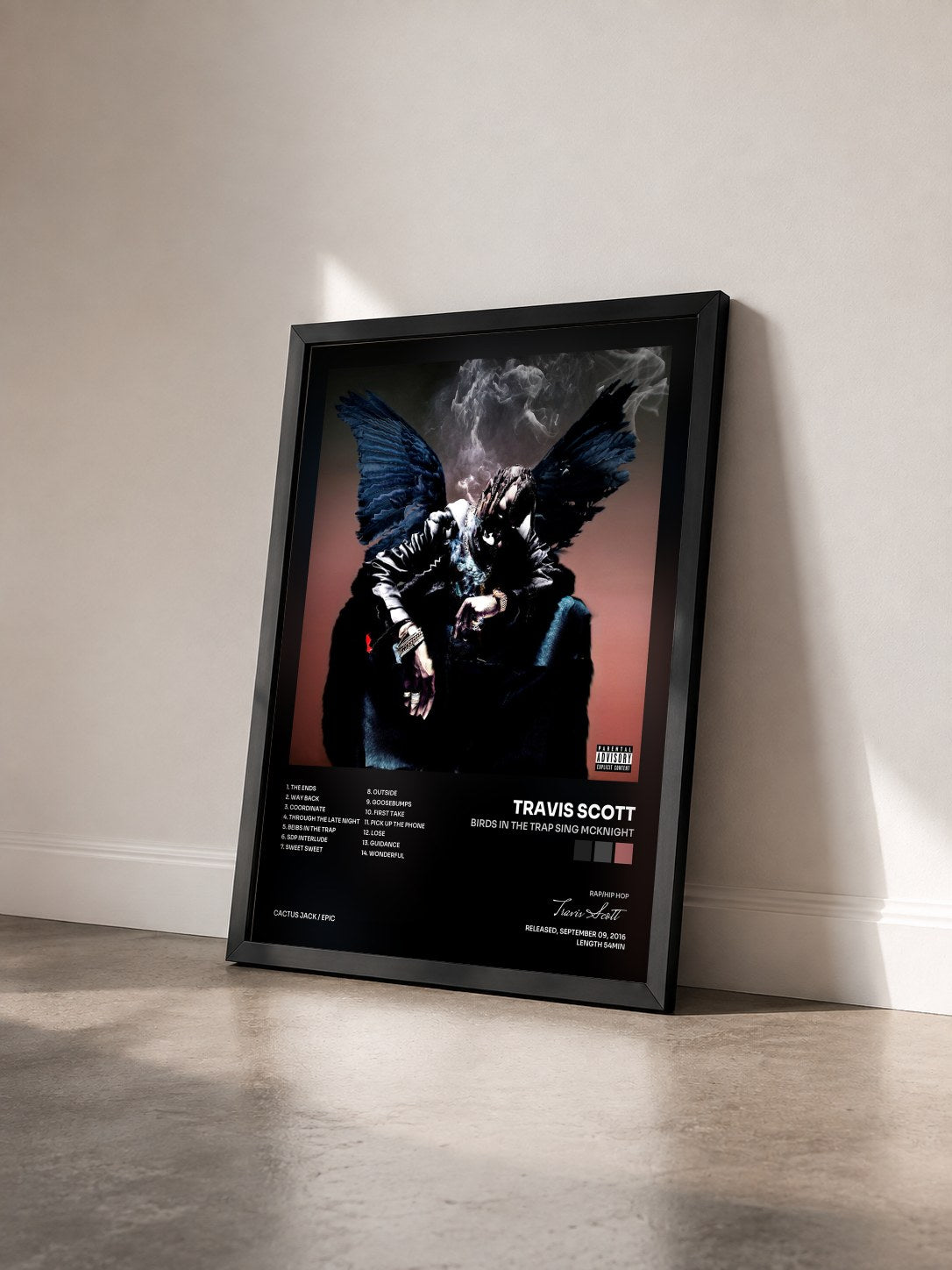#noir Tableau de l'album Birds In The Trap Sing McKnight de Travis Scott vu de trois quarts, cadre noir