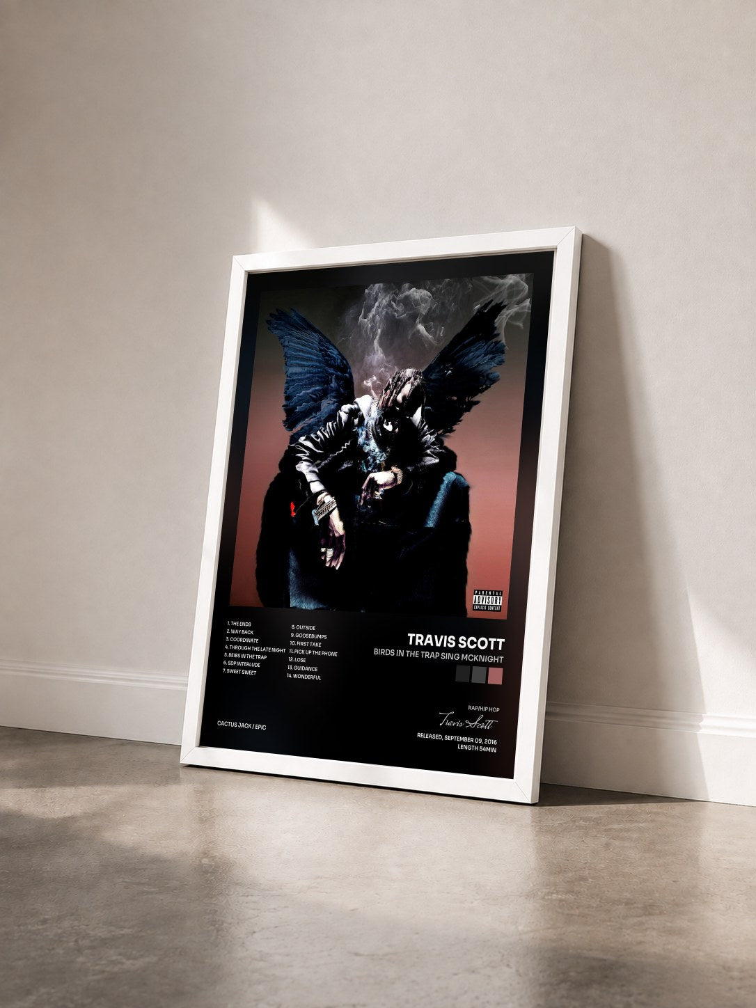 #blanc Tableau de l'album Birds In The Trap Sing McKnight de Travis Scott vu de trois quarts, cadre blanc