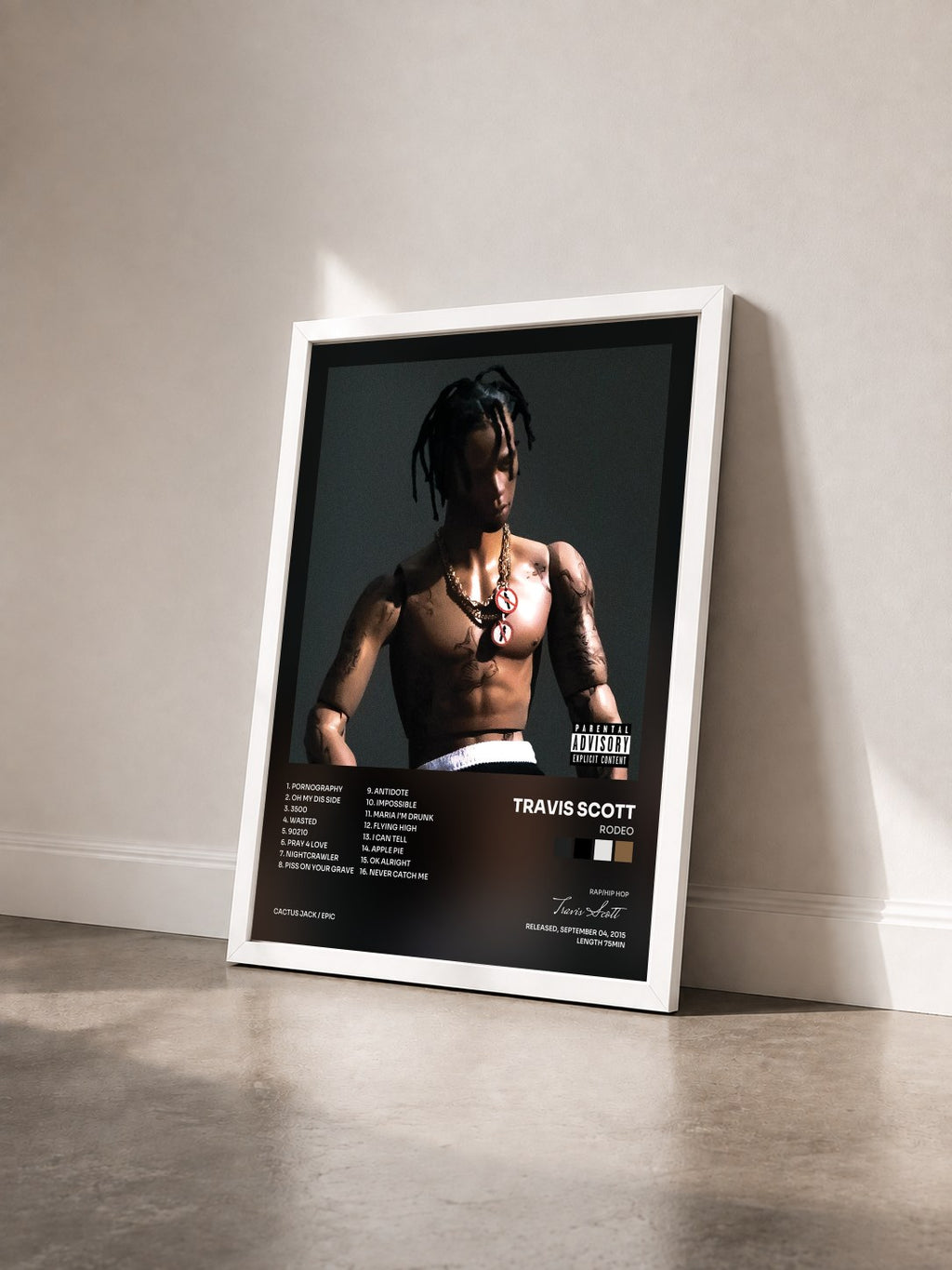 #blanc Rodeo by Travis Scott as a framed art print seen at an angle, white frame