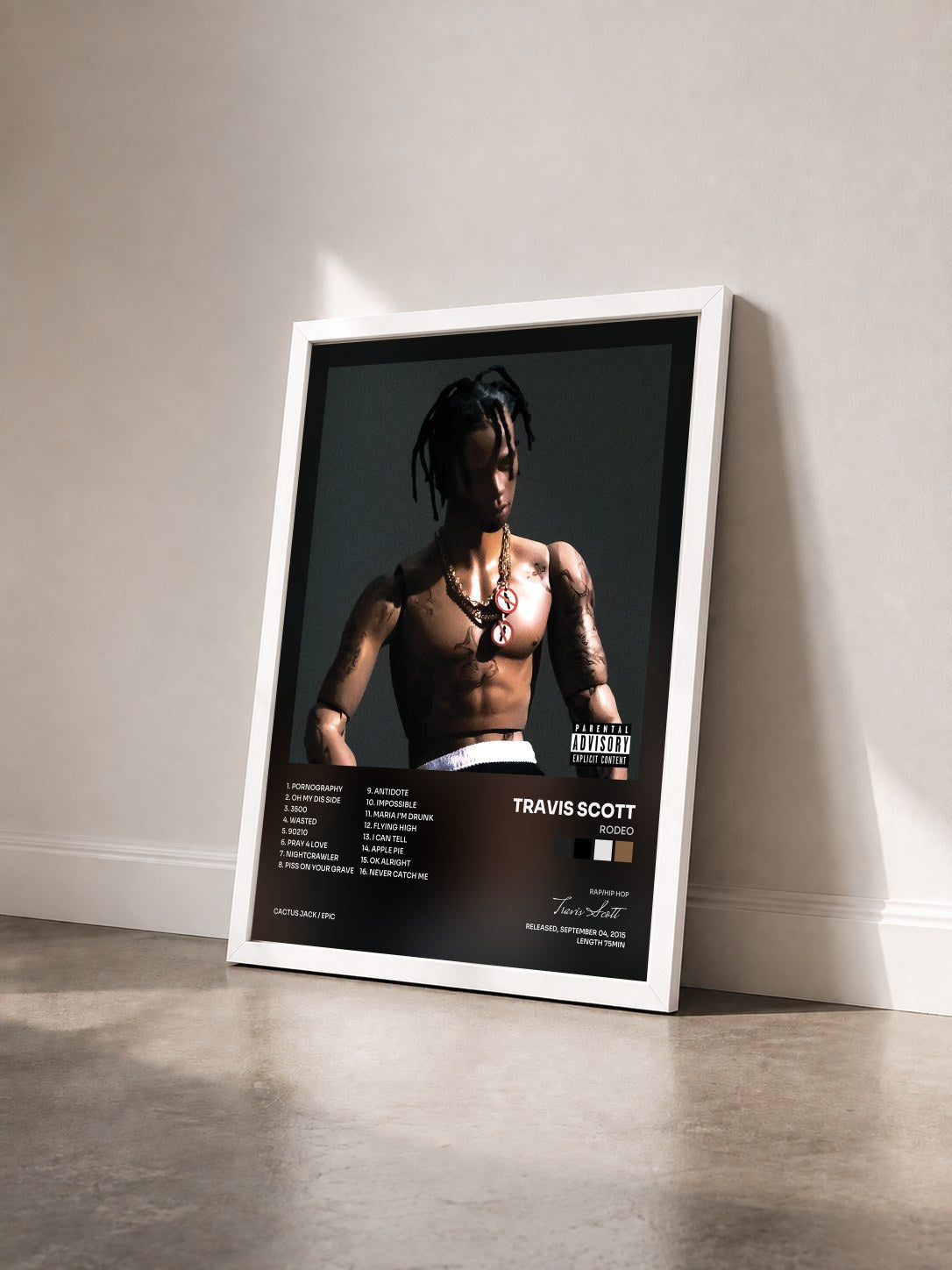 #blanc Tableau de l'album Rodeo de Travis Scott vu de trois quarts, cadre blanc