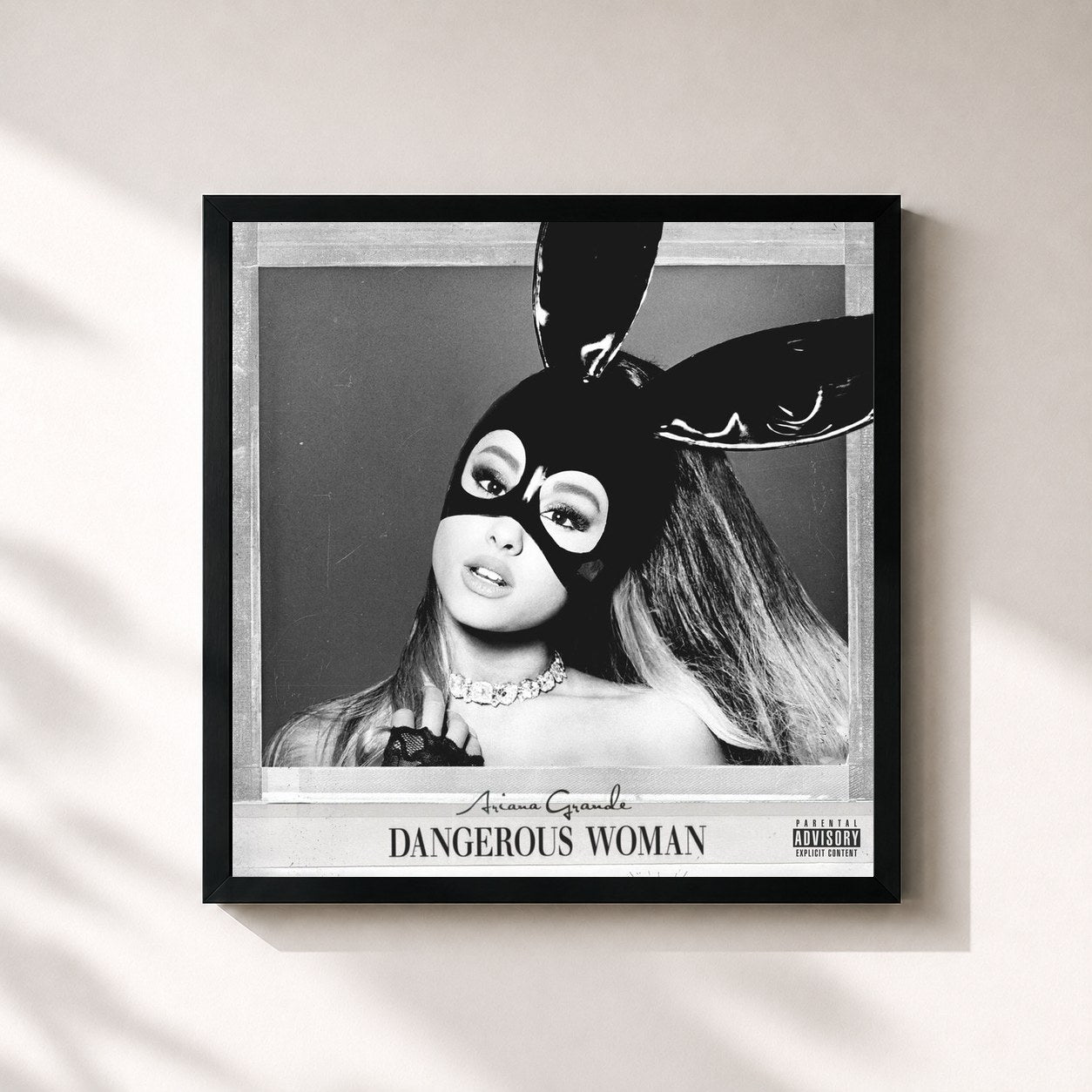 #noir Dangerous Woman by Ariana Grande as a square framed art print, black 32x32 cm frame