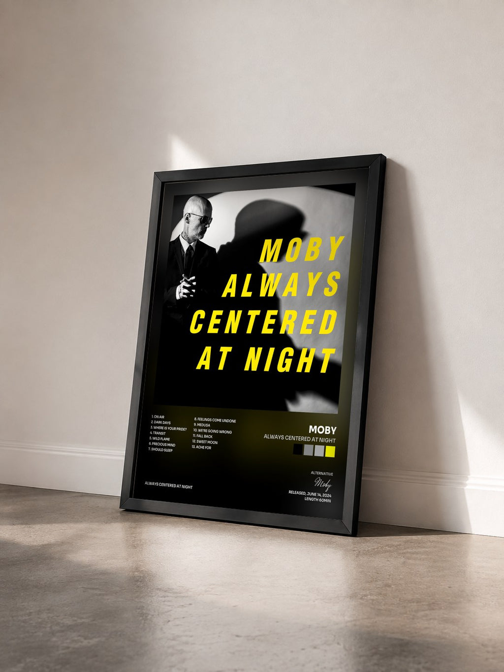 #noir always centered at night by Moby as a framed art print seen at an angle, black frame