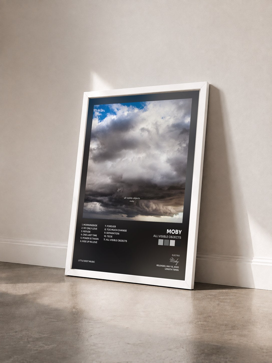 #blanc Tableau de l'album All Visible Objects de Moby vu de trois quarts, cadre blanc