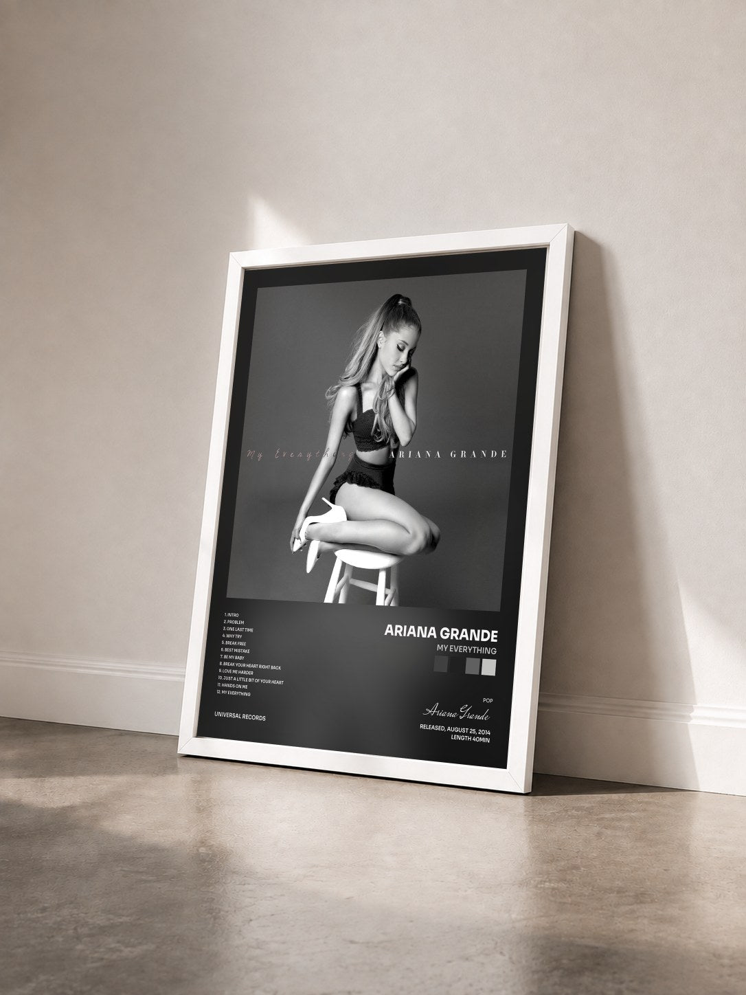 #blanc My Everything by Ariana Grande as a framed art print seen at an angle, white frame