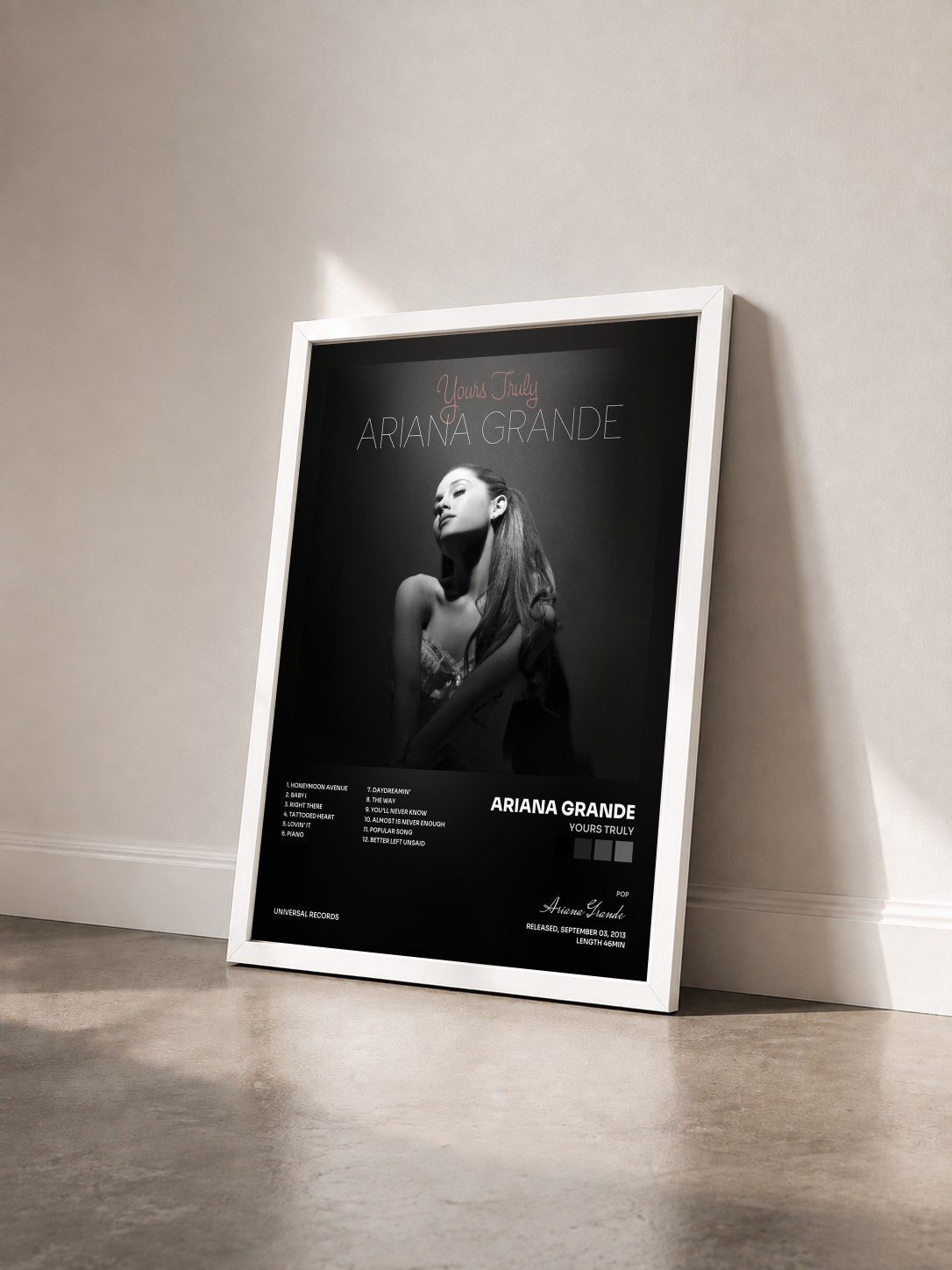 #blanc Yours Truly by Ariana Grande as a framed art print seen at an angle, white frame