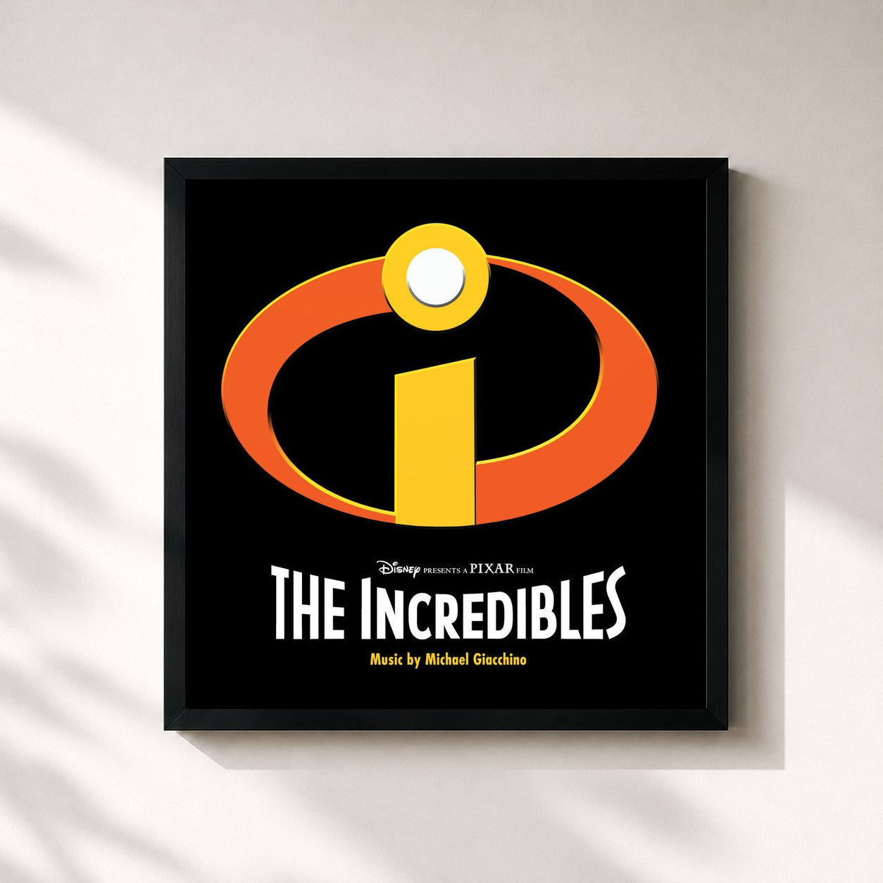 #noir Tableau carré de l'album The Incredibles (Original Motion Picture Soundtrack) de Michael Giacchino, cadre noir 32x32 cm