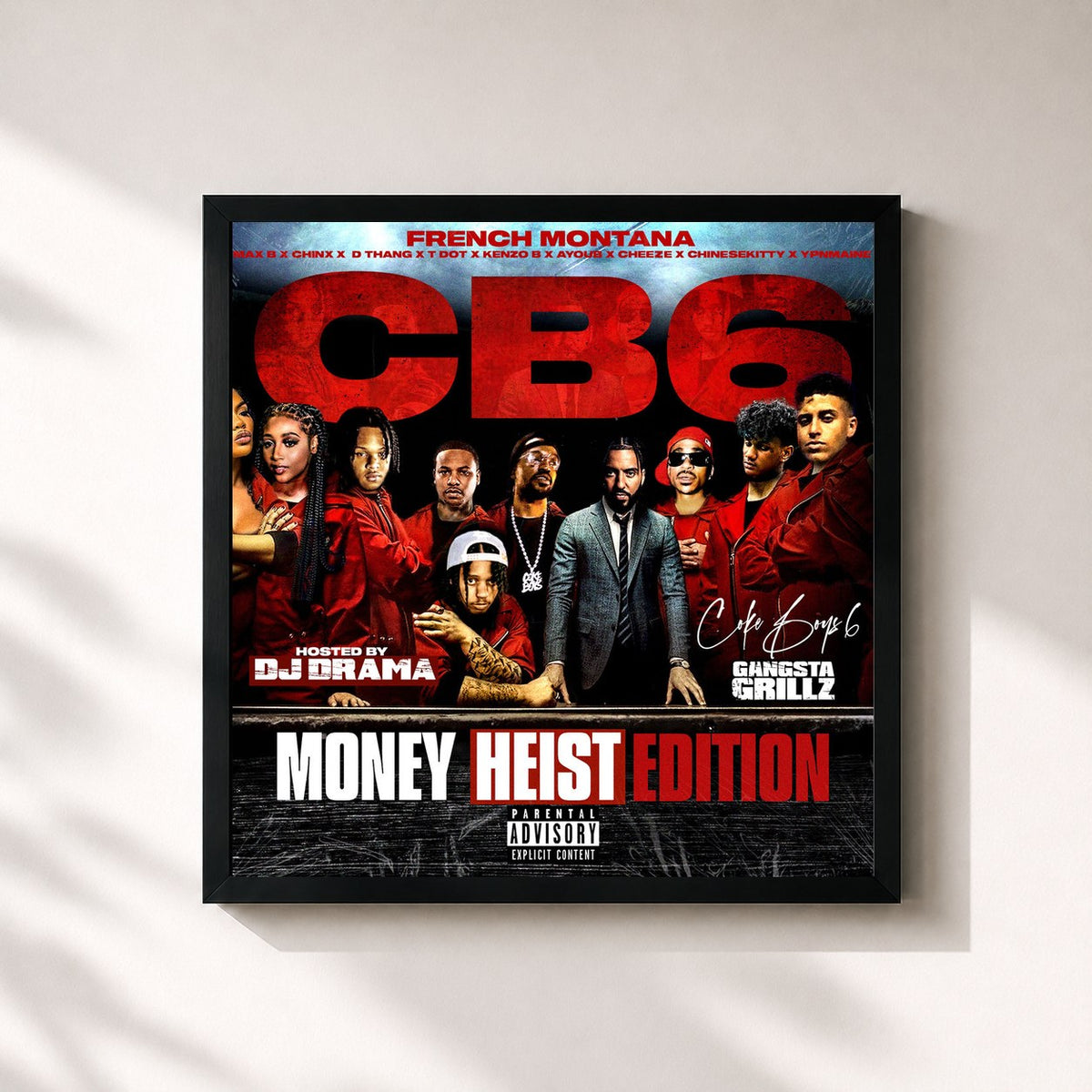 #noir Tableau carré de l'album Coke Boys 6: Money Heist Edition de French Montana, cadre noir 32x32 cm