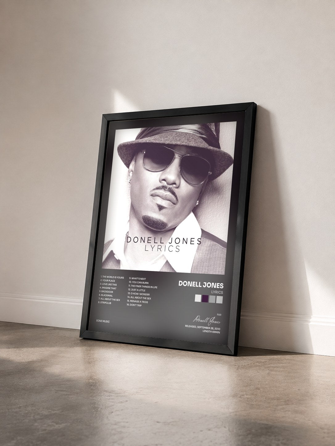 #noir Tableau de l'album Lyrics de Donell Jones vu de trois quarts, cadre noir