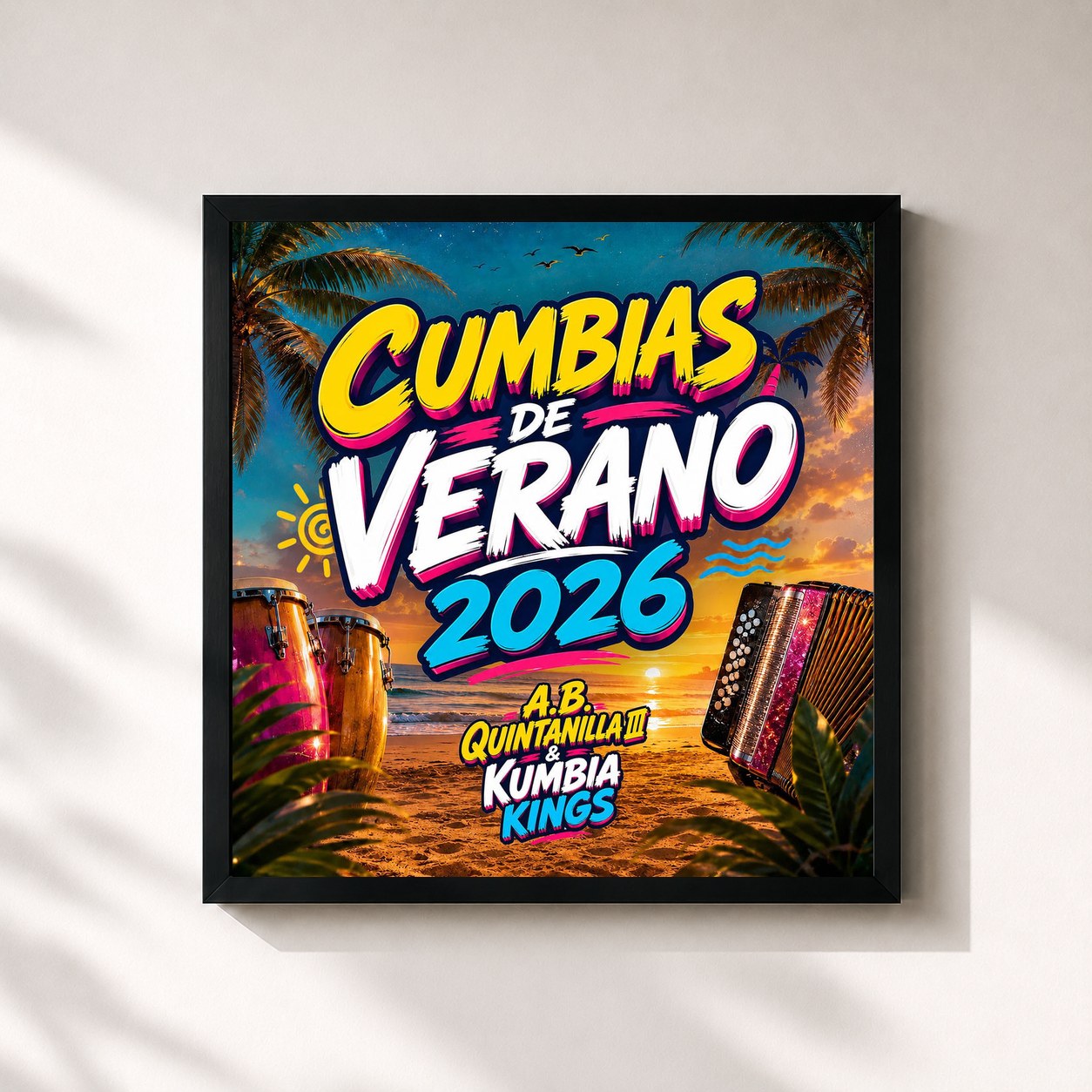 #noir Tableau carré de l'album CUMBIAS DE VERANO 2026 de A.B. Quintanilla III Y Los Kumbia Kings, cadre noir 32x32 cm