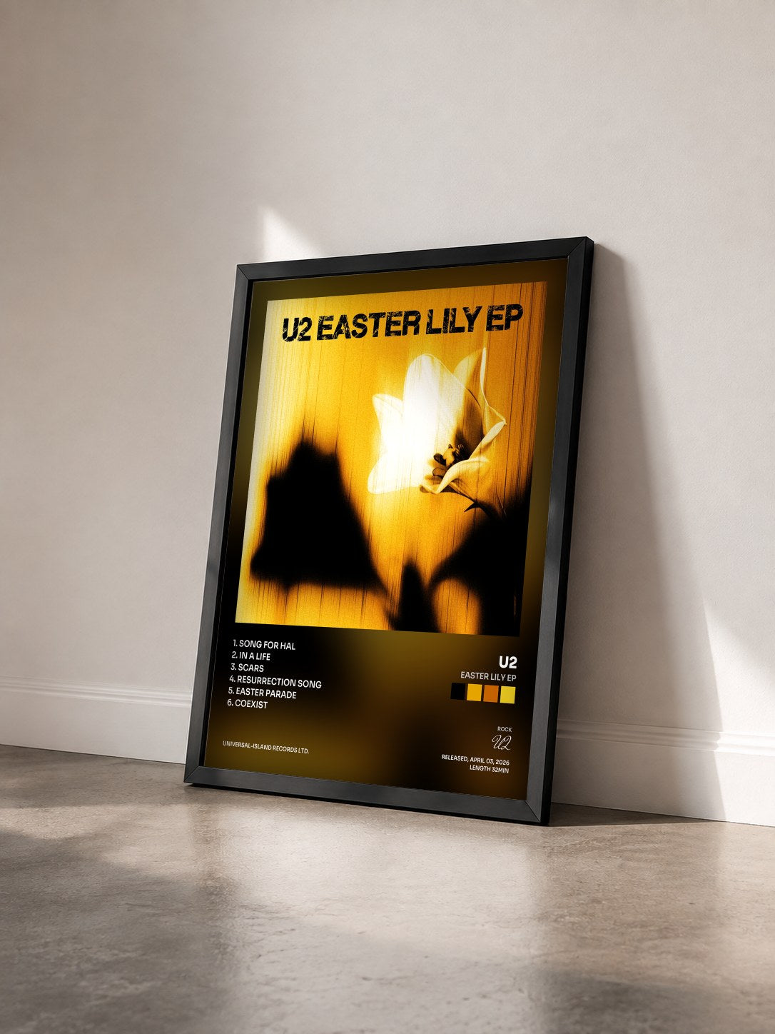 #noir Tableau de l'album Easter Lily EP de U2 vu de trois quarts, cadre noir