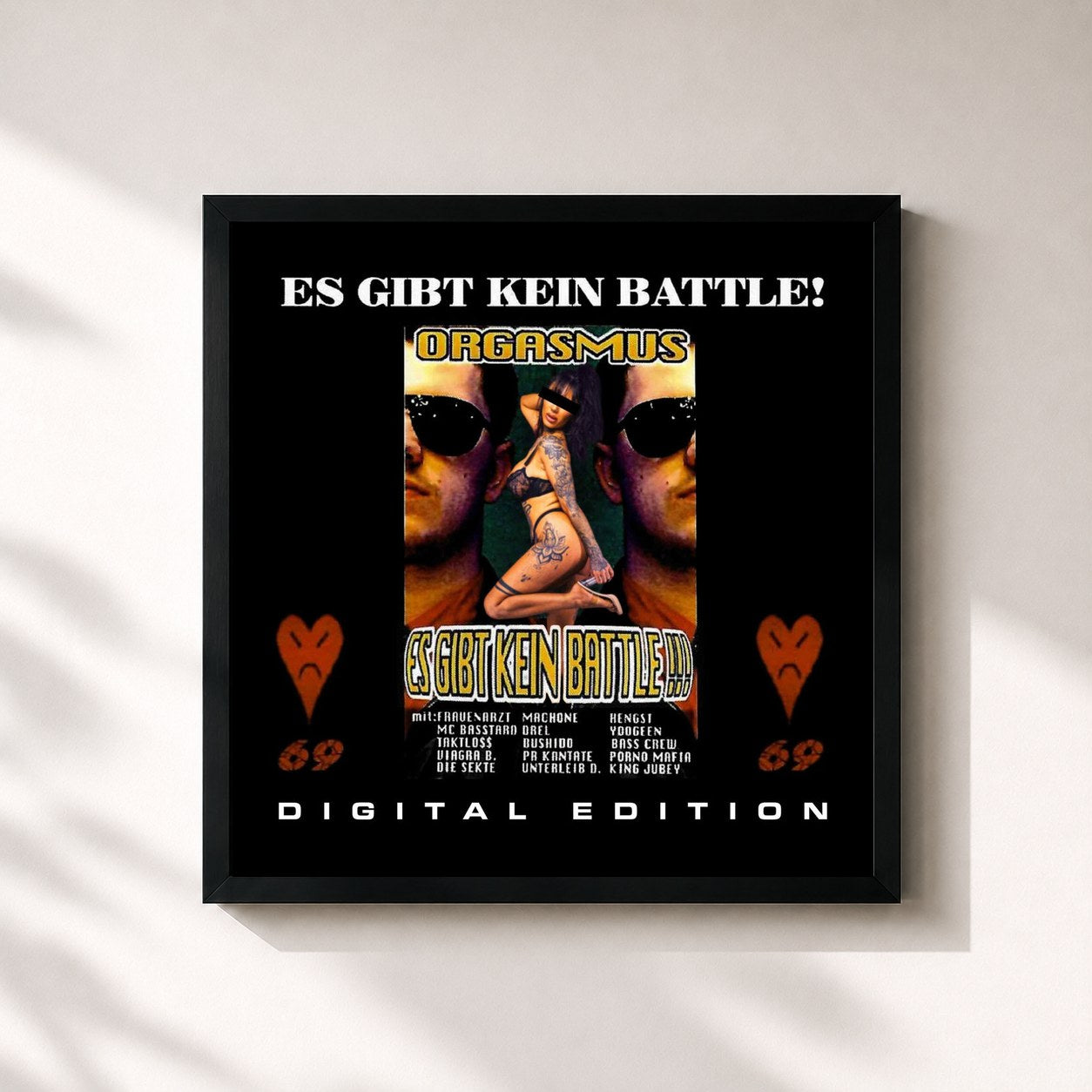 #noir Tableau carré de l'album Es gibt kein Battle de King Orgasmus One, cadre noir 32x32 cm