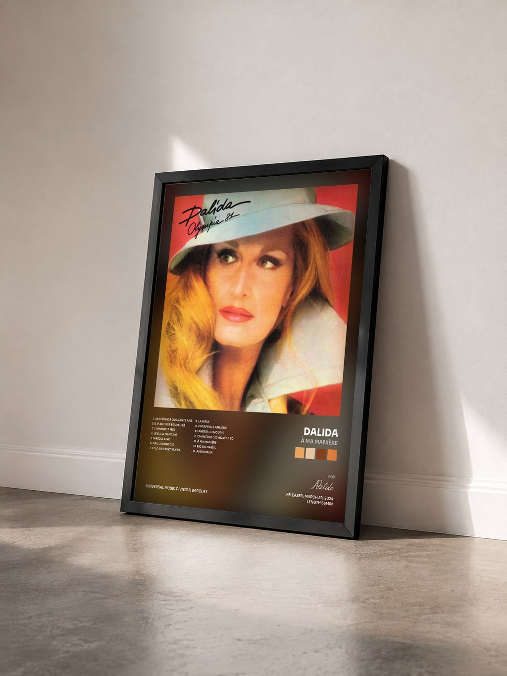 #noir À ma manière by Dalida as a framed art print seen at an angle, black frame