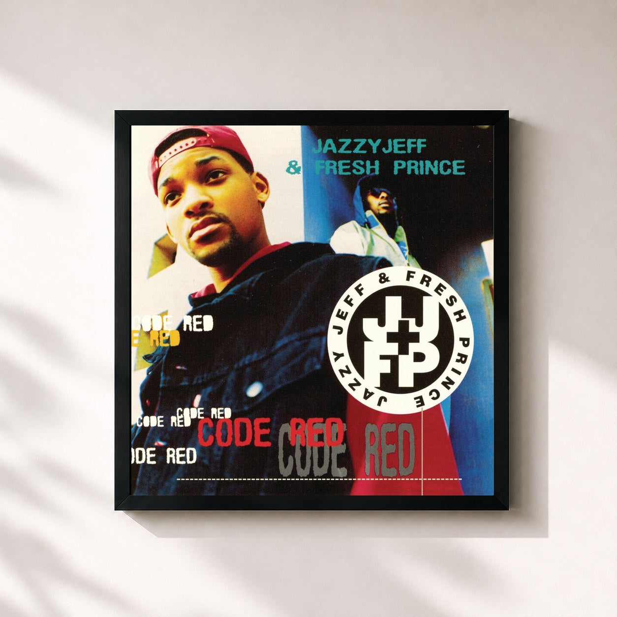 #noir Tableau carré de l'album Code Red de DJ Jazzy Jeff & The Fresh Prince, cadre noir 32x32 cm