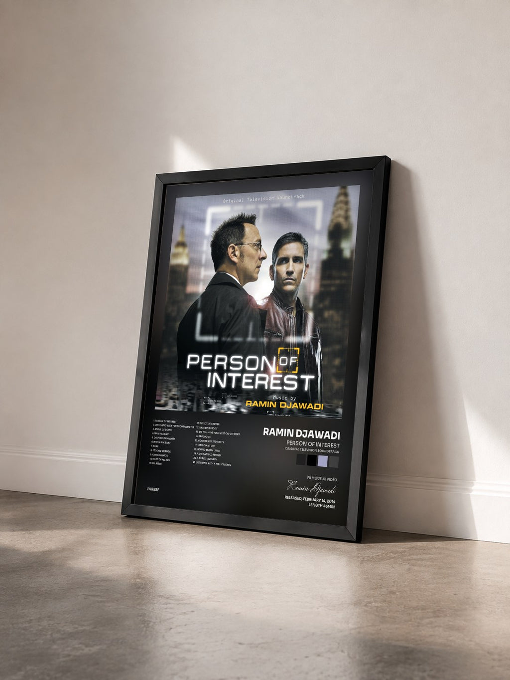 #noir Person Of Interest (Original Television Soundtrack) by Ramin Djawadi as a framed art print seen at an angle, black frame