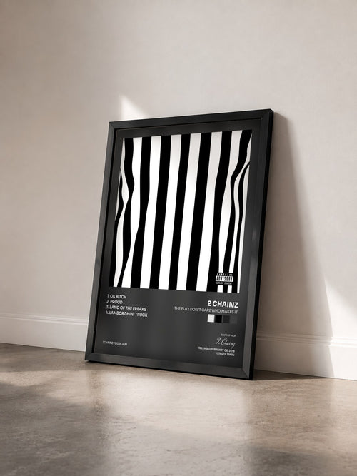 #noir The Play Don’t Care Who Makes It by 2 Chainz as a framed art print seen at an angle, black frame