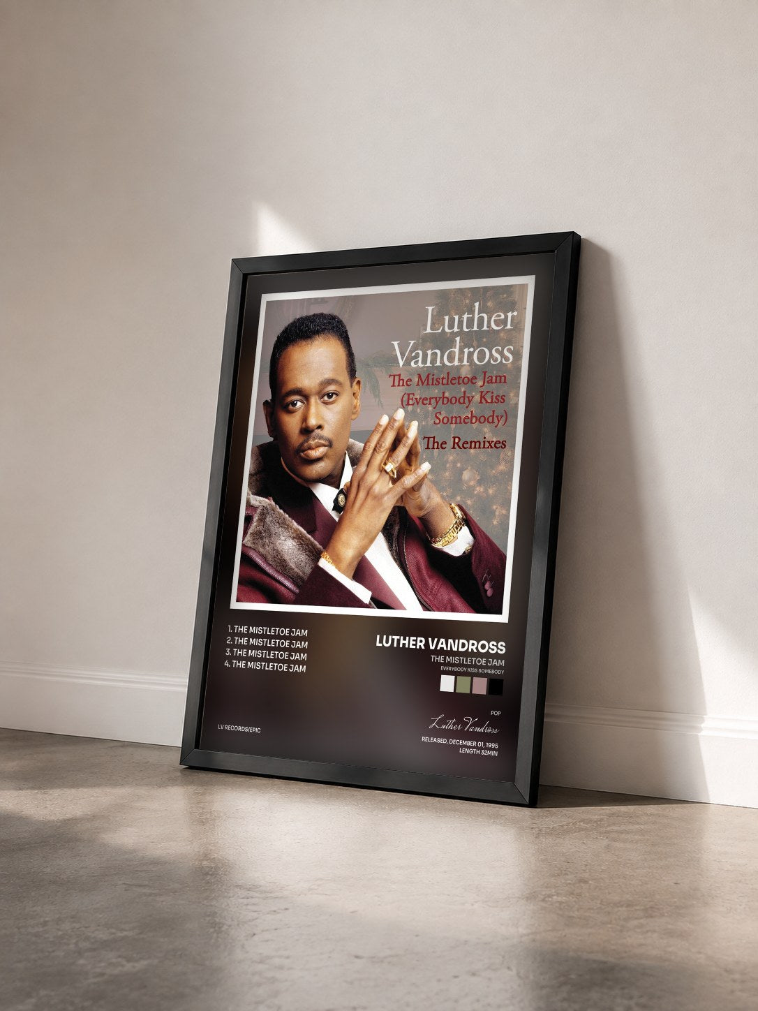 #noir Tableau de l'album The Mistletoe Jam (Everybody Kiss Somebody) - The Remixes de Luther Vandross vu de trois quarts, cadre noir
