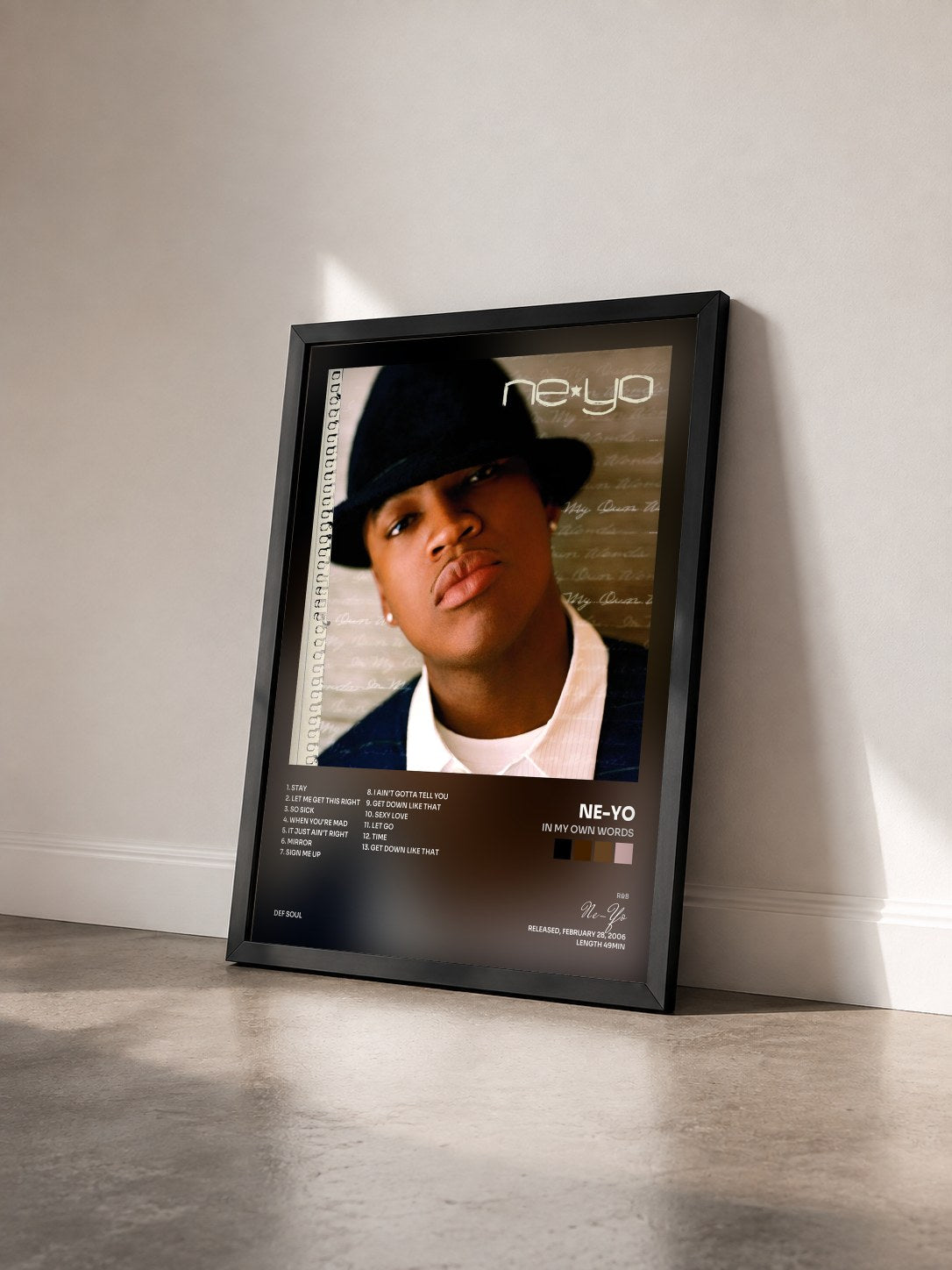 #noir Tableau de l'album In My Own Words (Deluxe 15th Anniversary Edition) de Ne-Yo vu de trois quarts, cadre noir